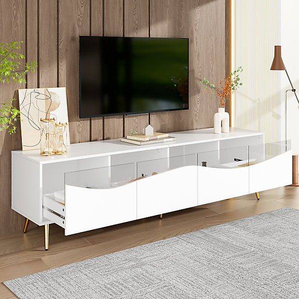 Meuble TV Moderne avec Portes Vitrées, éclairage LED Intégré et Espace de Rangement, design Pieds Dorés Métal - Blanc