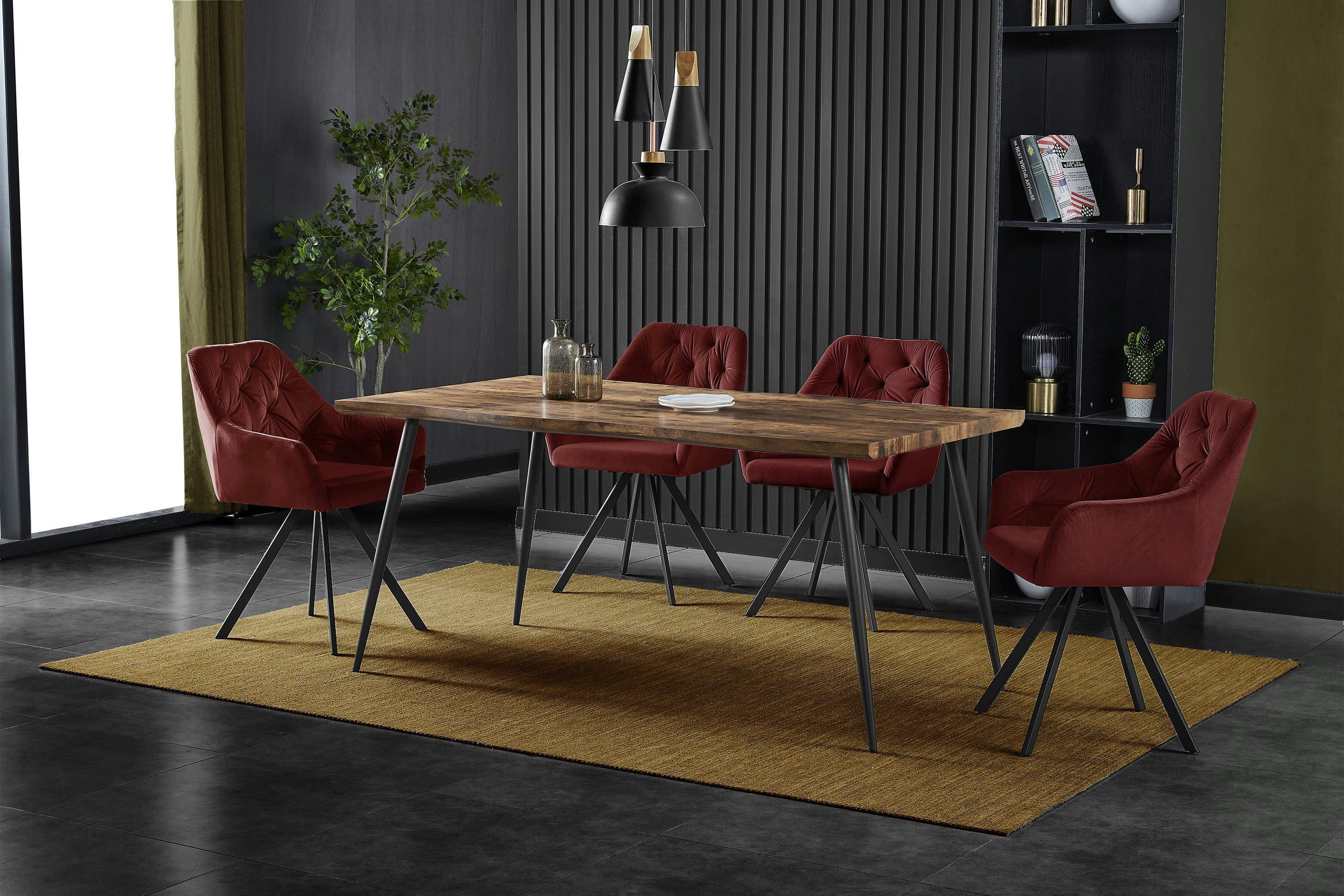 GORDON - Fauteuil de table en velours Bordeaux et pieds métal noir (x2)