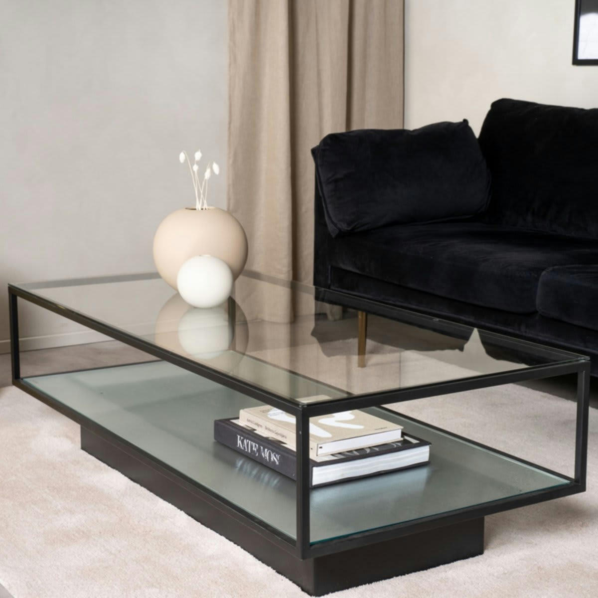 MAGDA - Table basse moderne en métal avec plateau en verre
