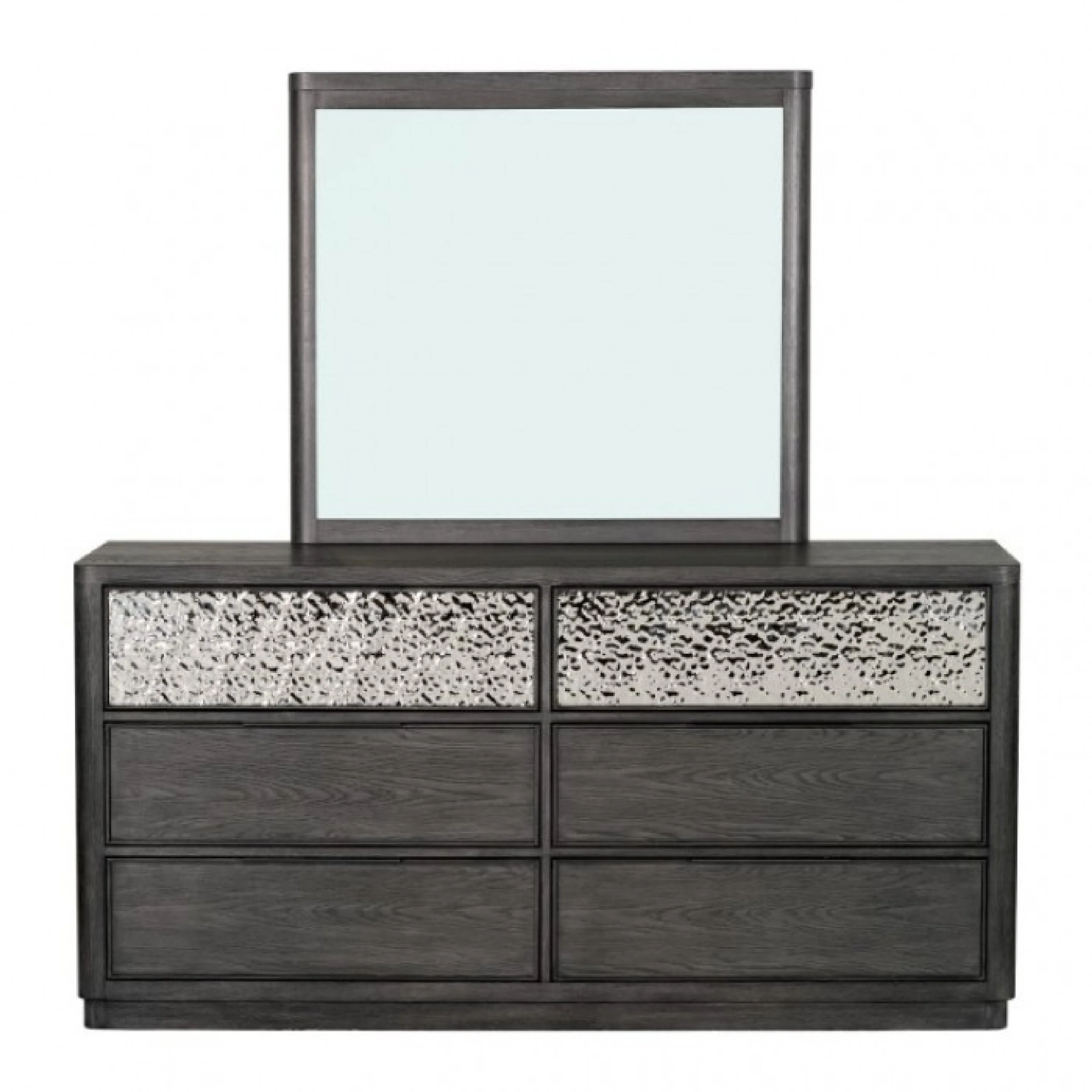 Zoko Wide Dresser with 5 Drawers, Textured Metal Accents, Ash Gray