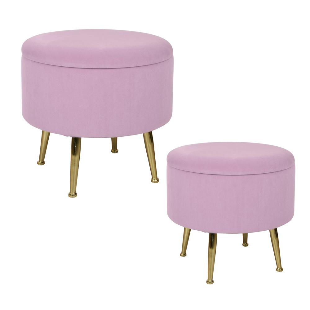 Tabouret pouf rond tissu rose pieds dorés TIM (lot de 2)