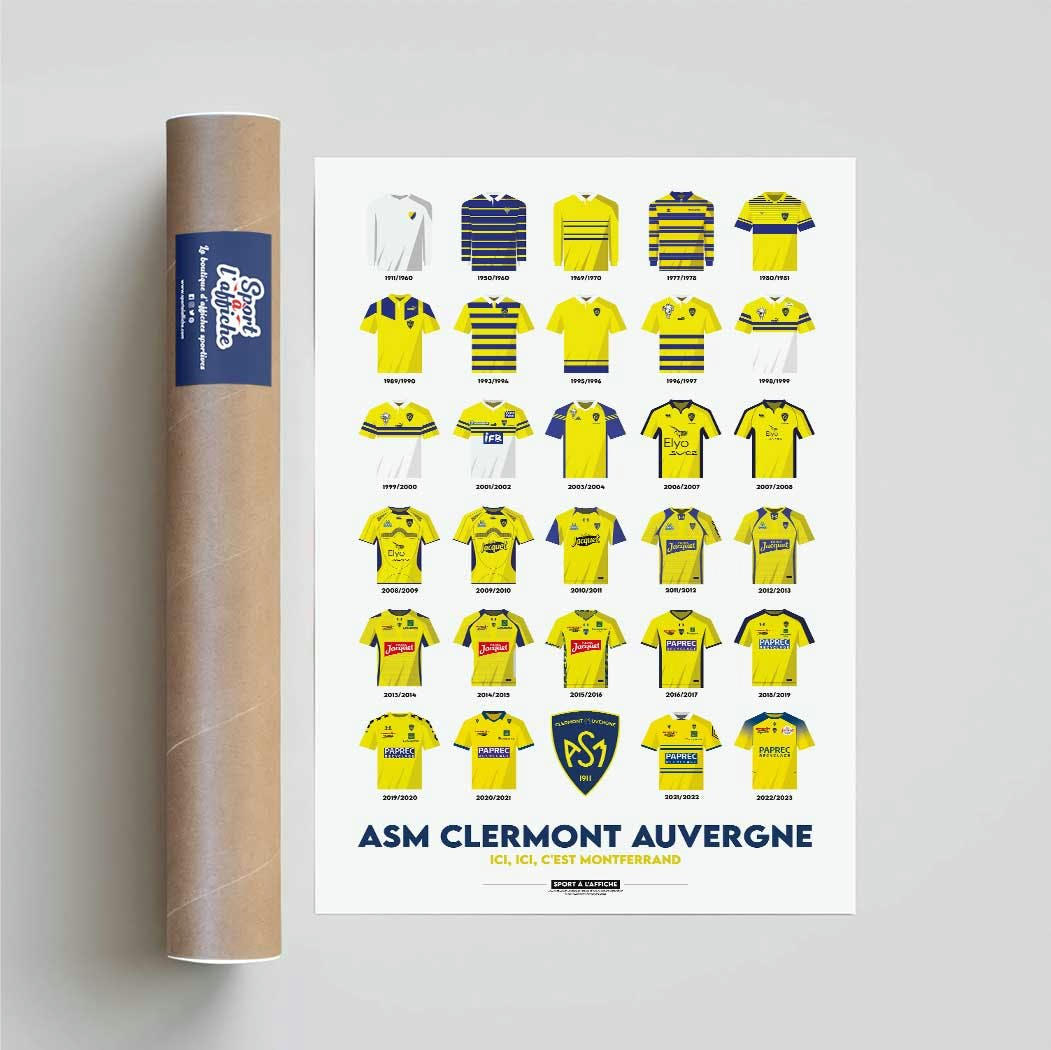 RUGBY - Affiche Rugby - ASM Clermont Auvergne - Maillots Historiques 30x40 cm