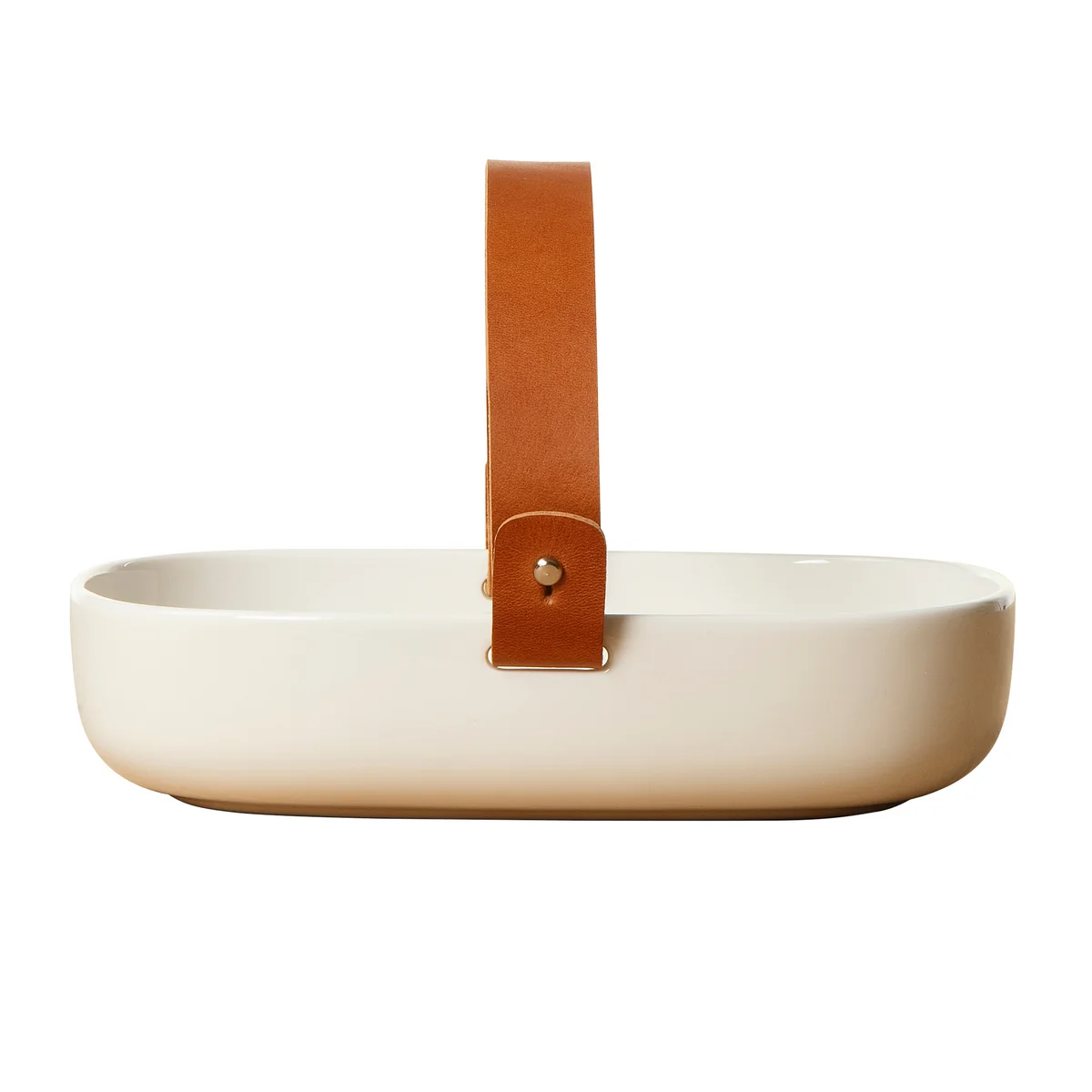 Marimekko - Oiva Servierschale mit Ledergriff, 13.5 x 20 cm, weiß / cognac