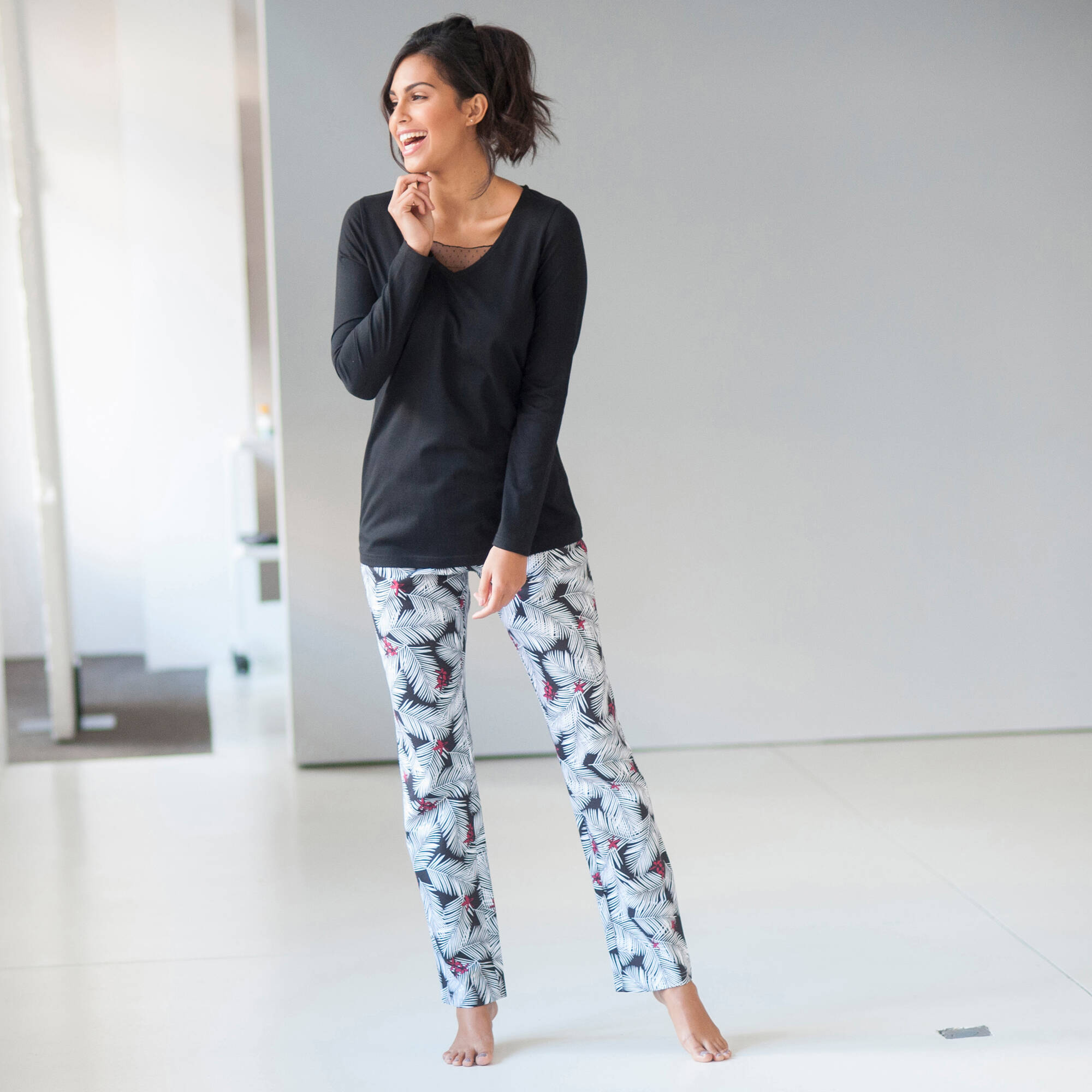 Pyjama pantalon empiècement plumetis - imprimé tropical
