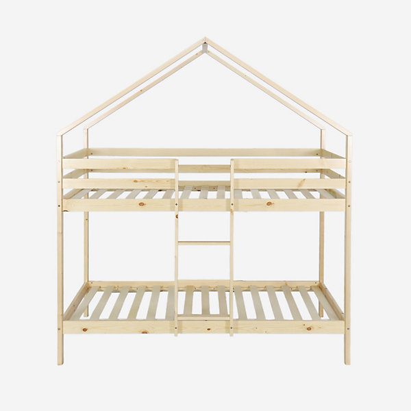 Lit enfant superposé cabane 90 x 190 cm pin naturel sommier à lattes inclus - Roya