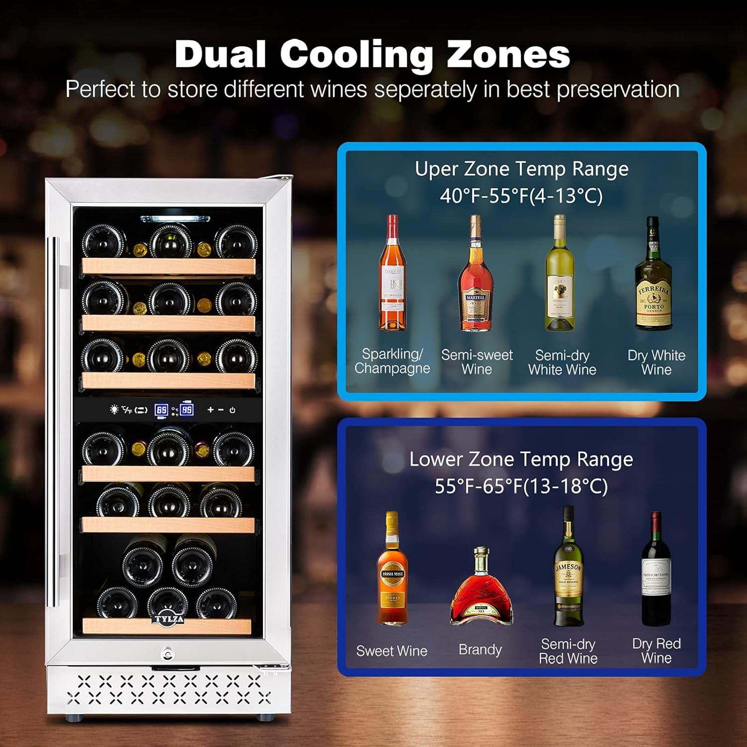 Tylza Mini Fridge 15 Inch Wine Cooler Under Counter, 30 Bottles Dual Zone Wine Fridge with Safty Lock, Wine Refrigerator Freestanding, Built-in Wine Cellars
