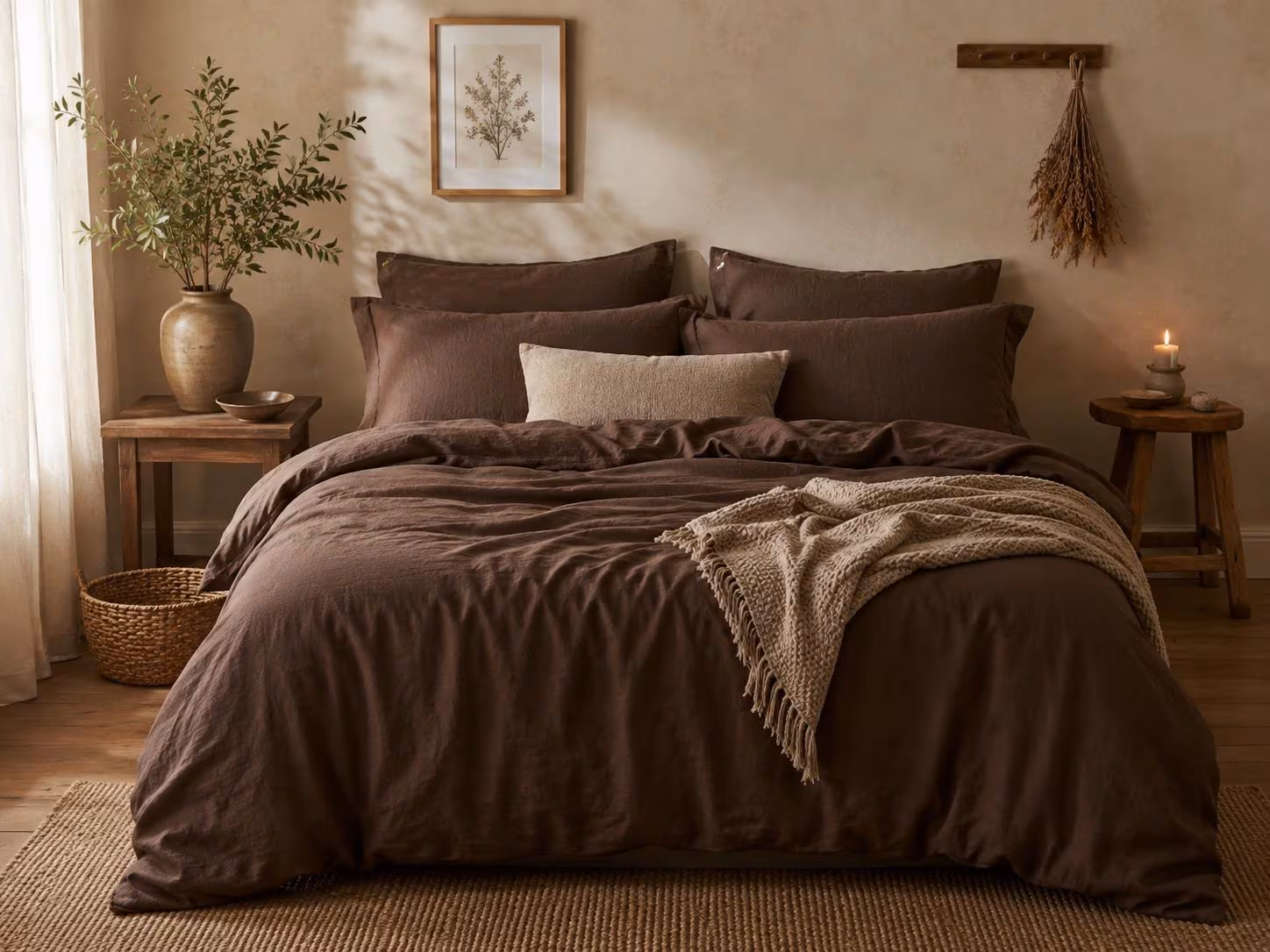 Chocolate Brown Stonewashed Linen Duvet Cover Set, Farmhouse Bedroom Decor