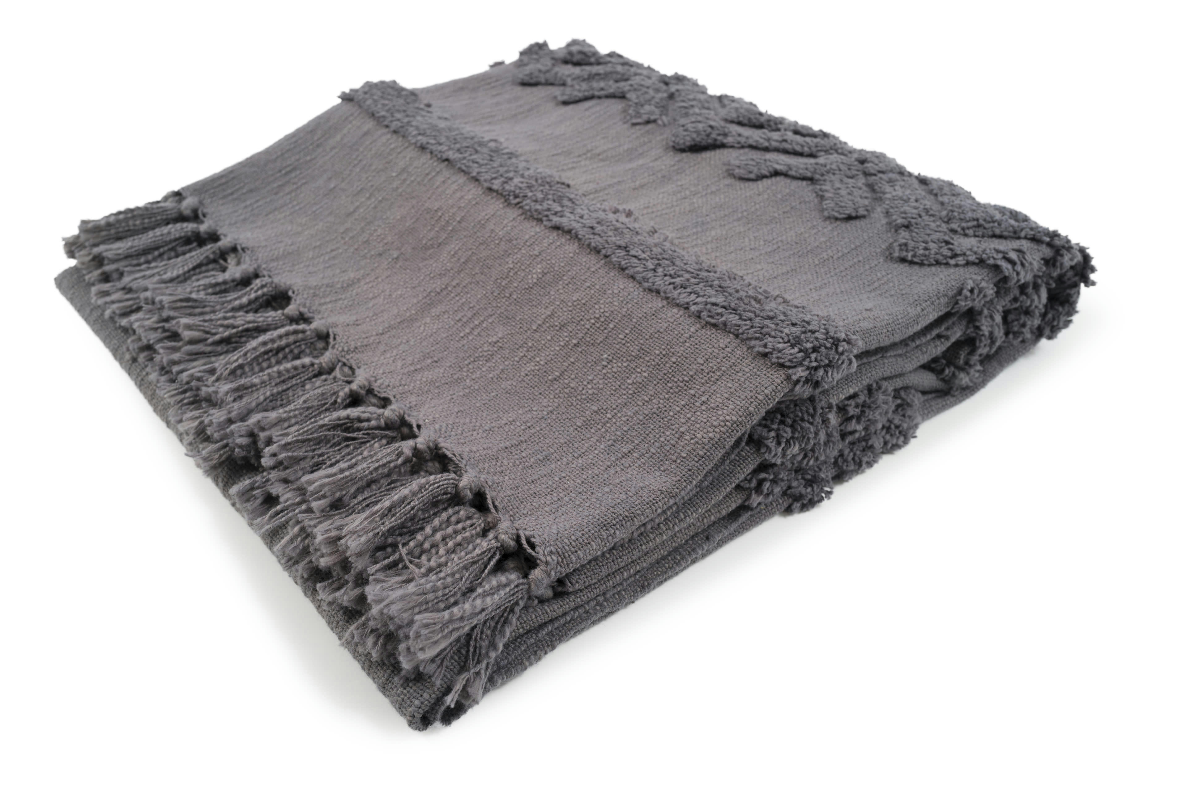 ADARA - Plaid coton anthracite avec relief et franges à pompons 170x130