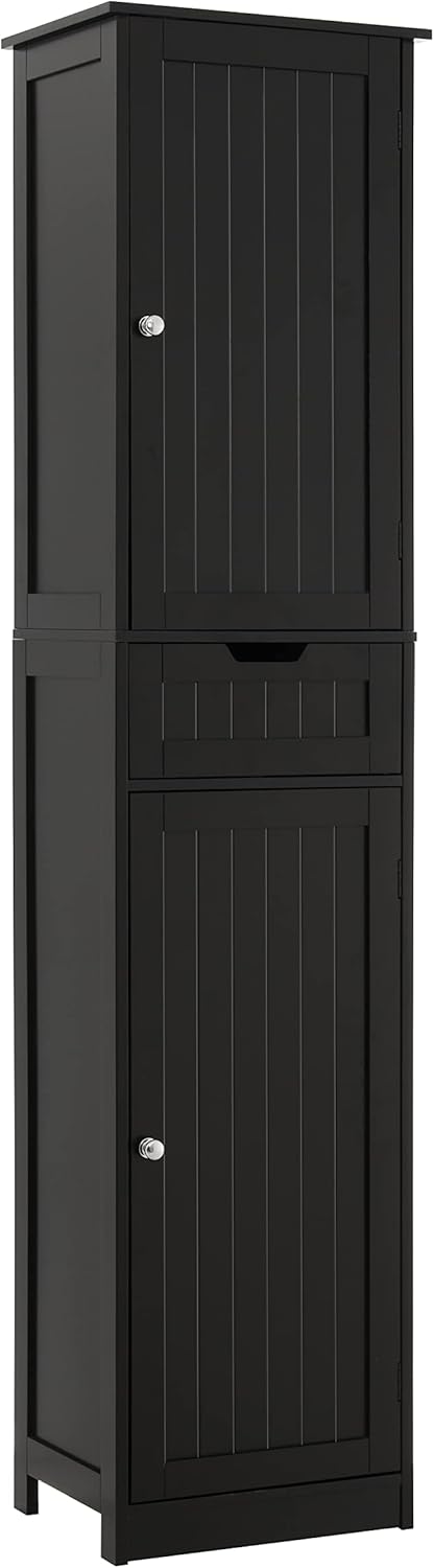 Iwell Tall Black Bathroom Cabinet with 2 Doors and 1 Drawer, Bathroom Storage Cabinet with Adjustable Shelves, Narrow Storage Unit for Living Room, Entryway, Kitchen, Black
