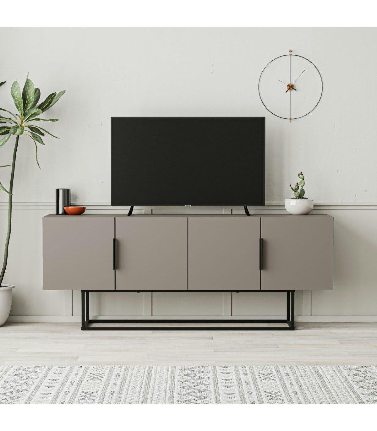 TITAN - Meuble TV 4 portes couleur moka et pieds en métal - L140 cm