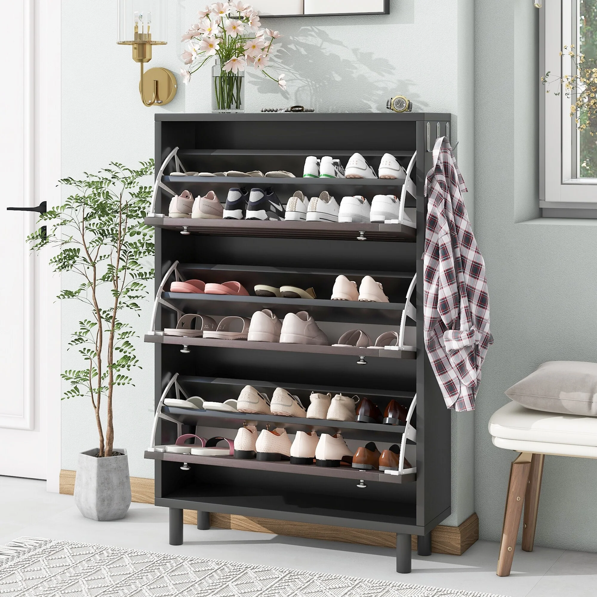 ON-TREND Minimalist Slim Shoe Cabinet with Adjustable Shelves and Hanging Hooks, Particle Board Entryway Organizer