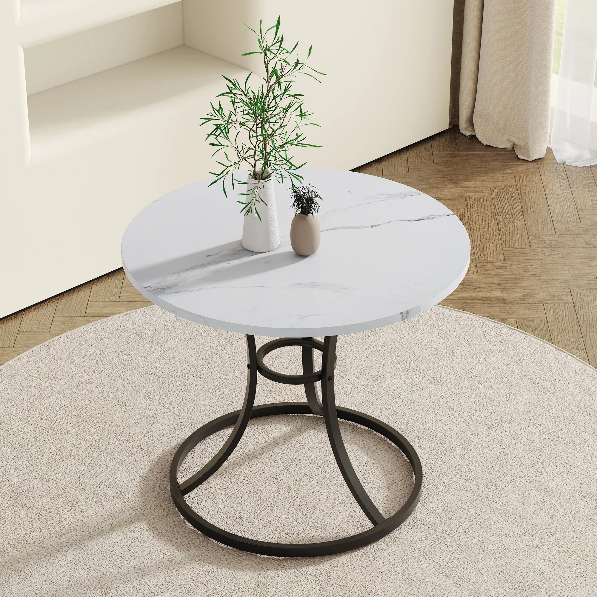 A Modern Minimalist Circular Dining Table With A Diameter, Paired With Uniquely Shaped Metal Leg