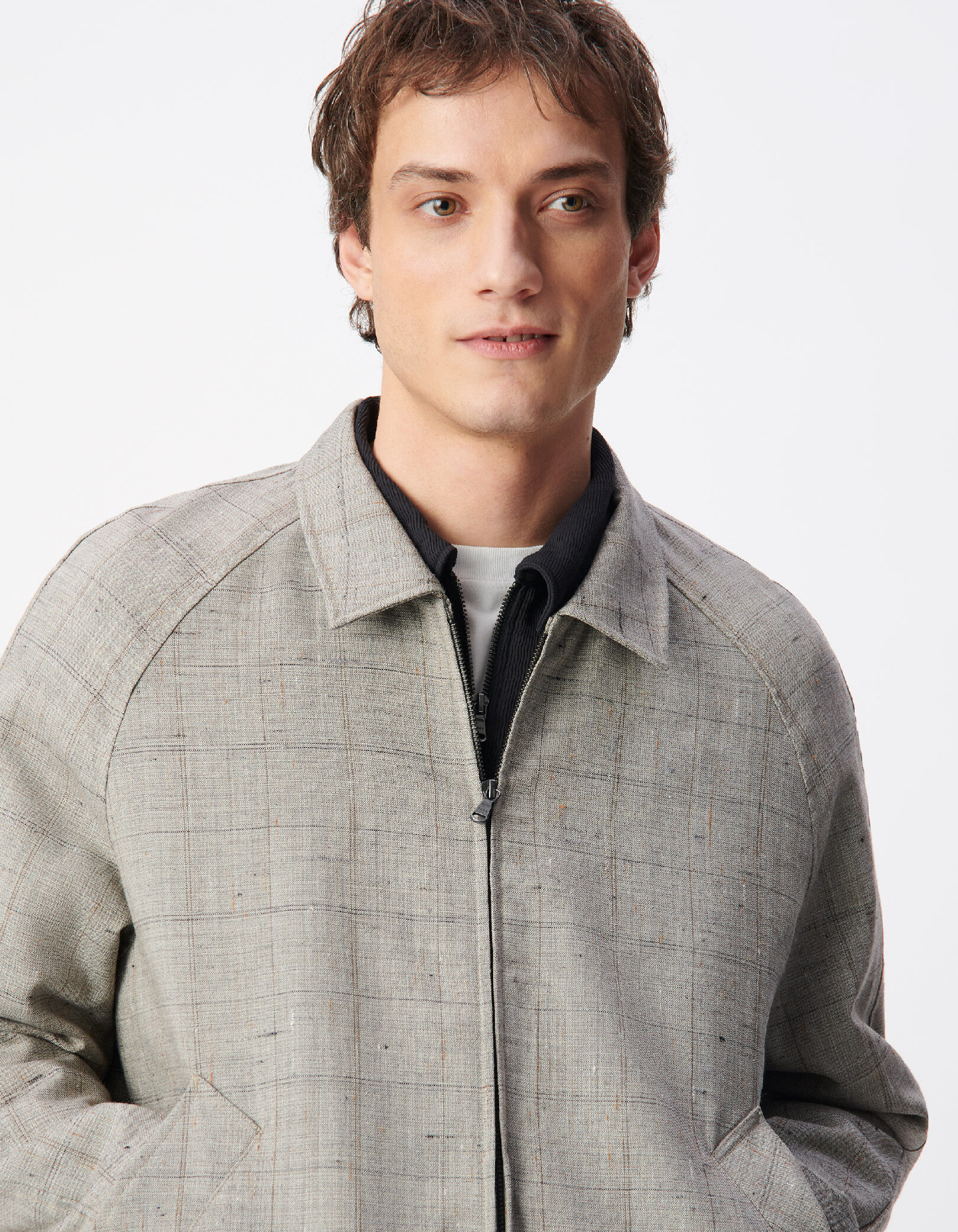 Bomber taupe zippé motif carreaux Homme