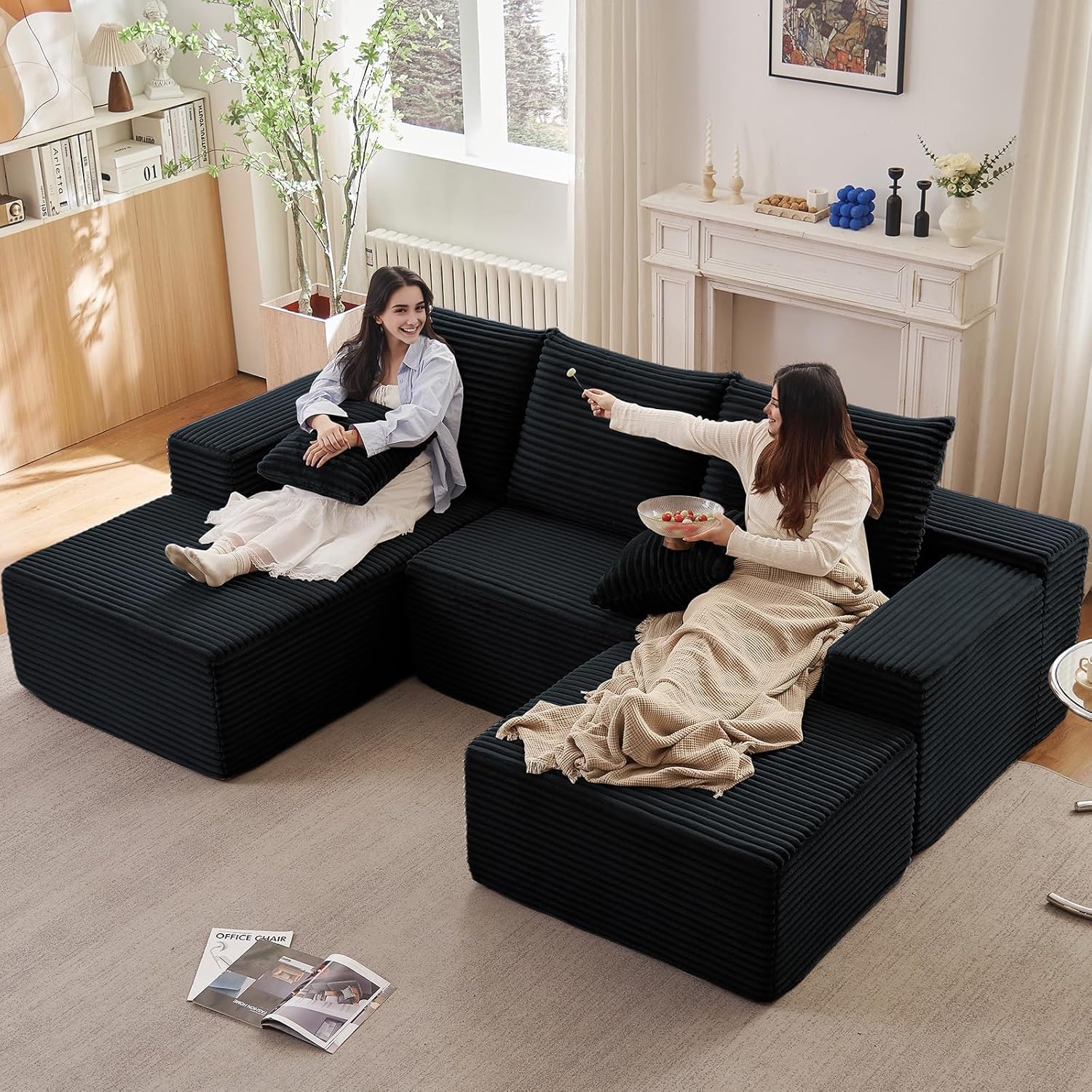 107 Cloud Modular Sectional Couches, Modern Convertible U Shaped Couch, 3 Seat Corduroy Comfy Deep Seat Sectional Sofa Oversize Deep Seat Sofa