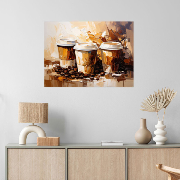 Plakat samoprzylepny Feeby Kubki z kawą imitacja farby olejnej w beżu 30x20