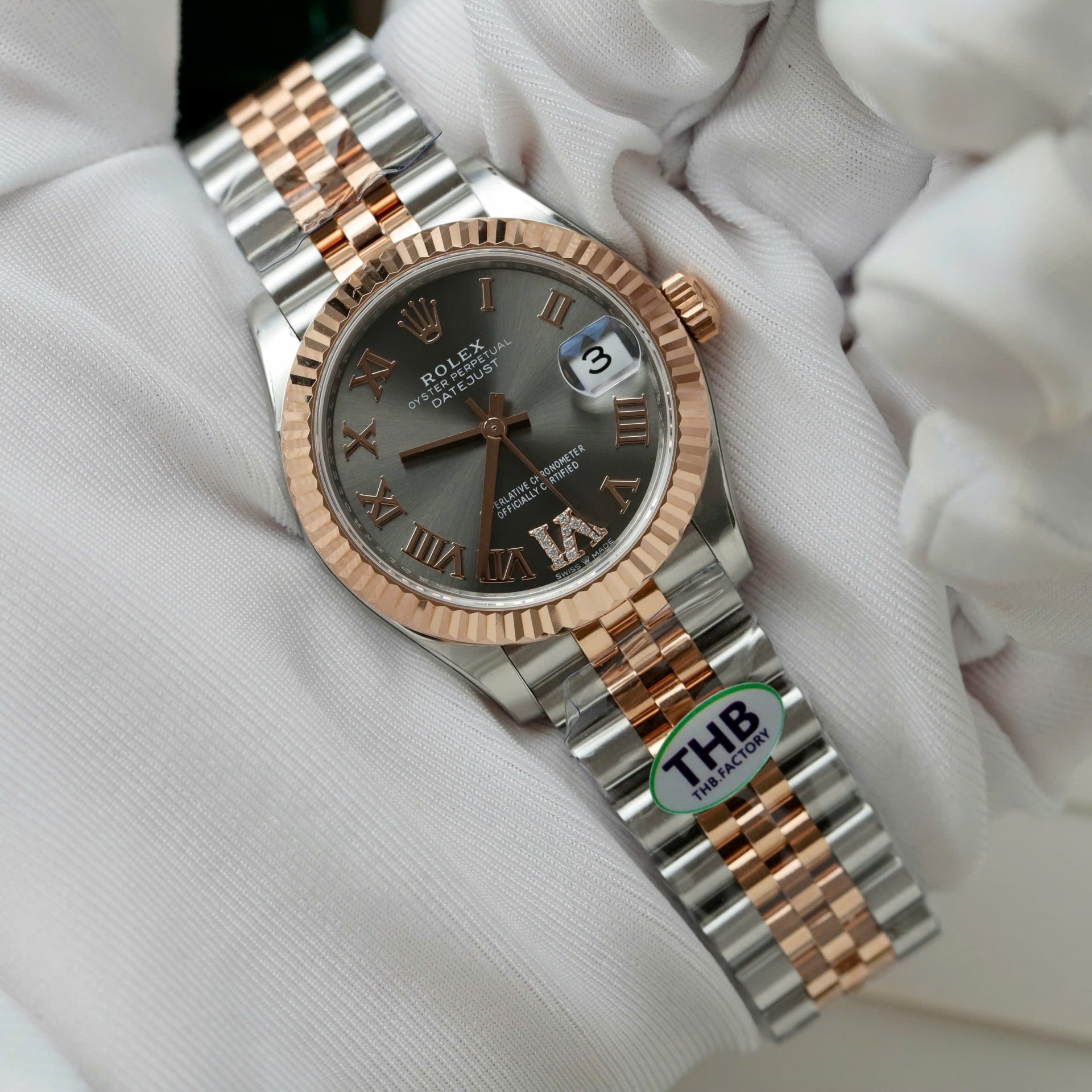 Rolex Datejust SS/RG Plated Grey Dial CZ Diamonds 31mm Jub THBF Replica