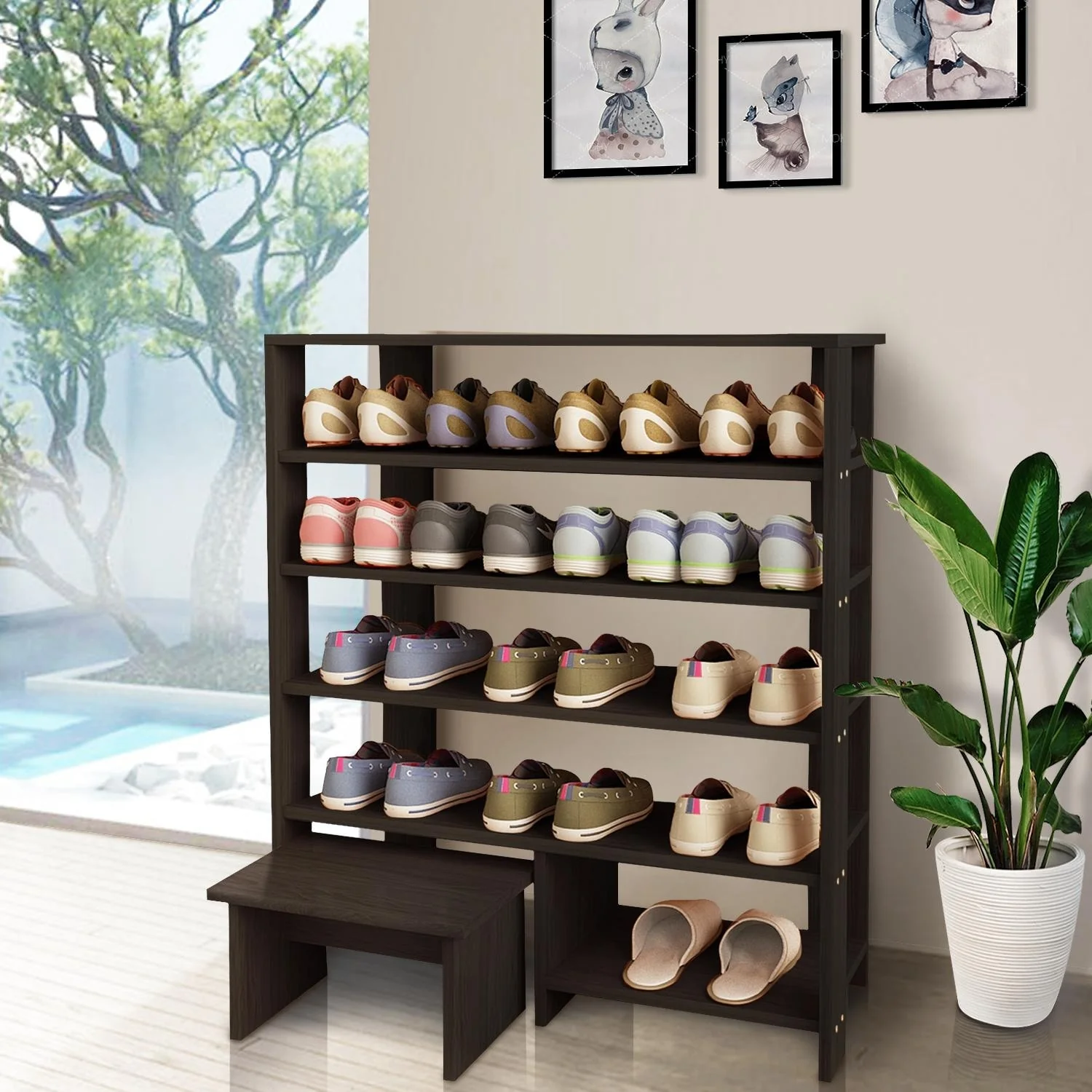 HELLO LAURA Farmhouse 4 Tier Wood Shoe Rack for Entryway Black