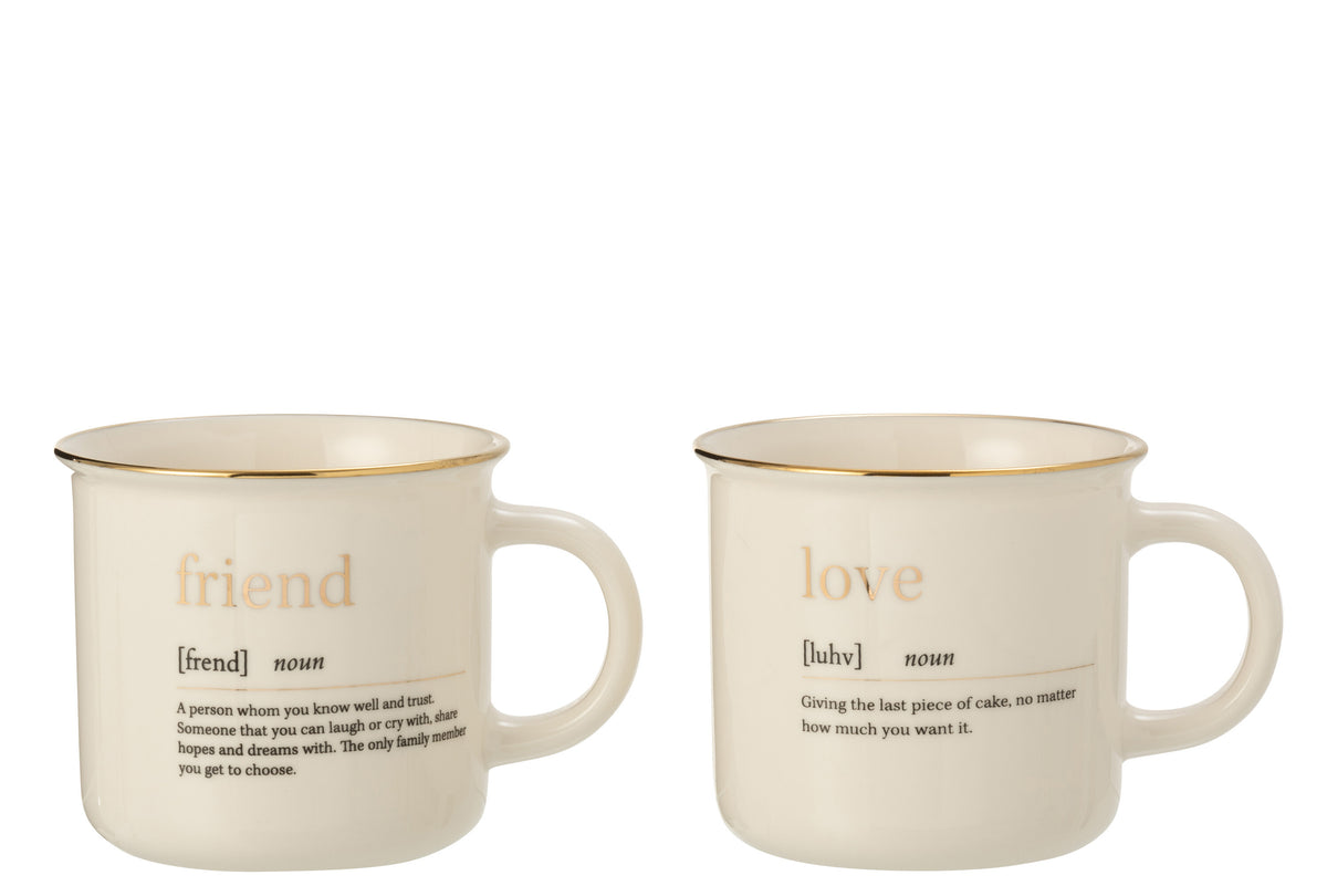 J-Line mok Boodschap Love Friend - keramiek - goud - 2 stuks