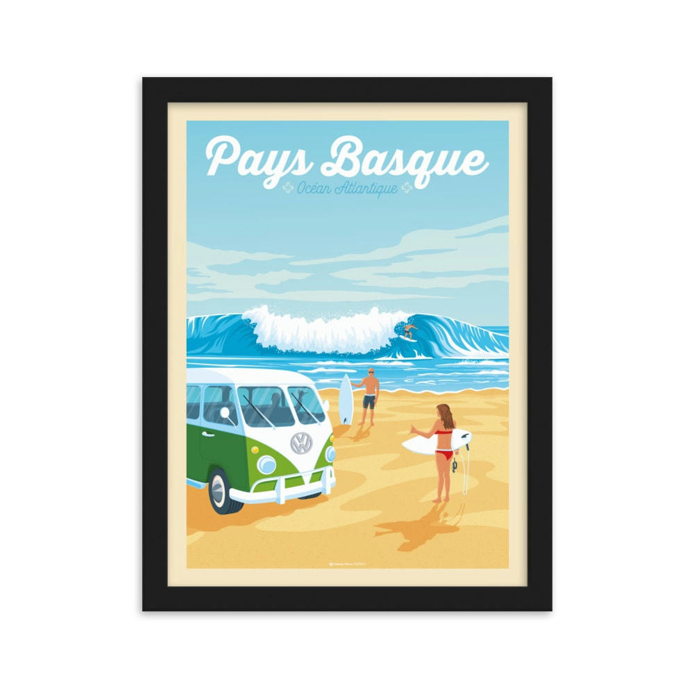 - Affiche Pays Basque France - Surf + Cadre Bois noir 21x29,7 cm