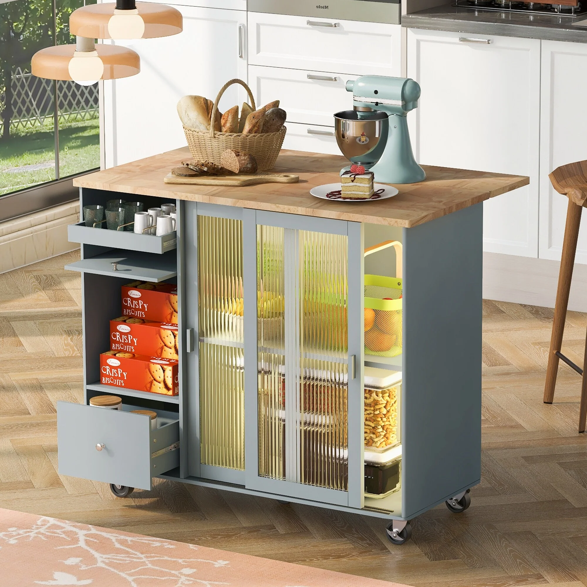 Kitchen Island w/Drop Leaf, LED Light and Adjustable Shelf, Storage Rollers Cart w/Fluted Glass Doors & Flip Cabinet Door