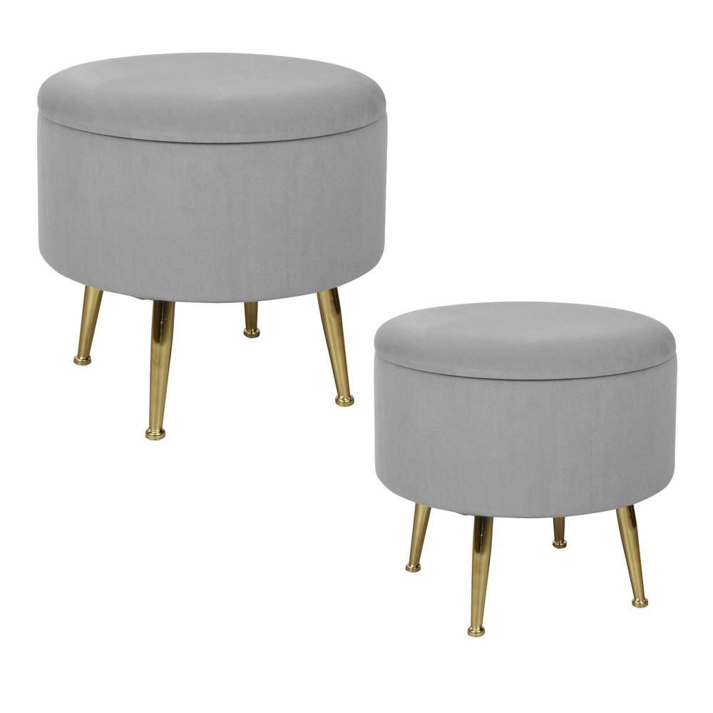 Tabouret pouf rond tissu gris pieds dorés TIM (lot de 2)