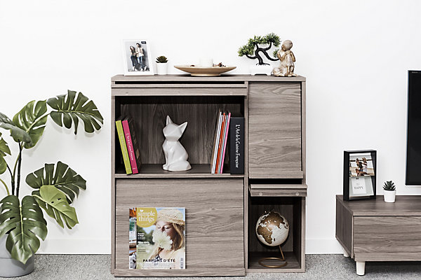 Iris Ohyama, Meuble, étagère, Bibliothèque de rangement, Avec 4 portes, FR-F4 Chêne Gris, L33.8 x P89 x H90 cm