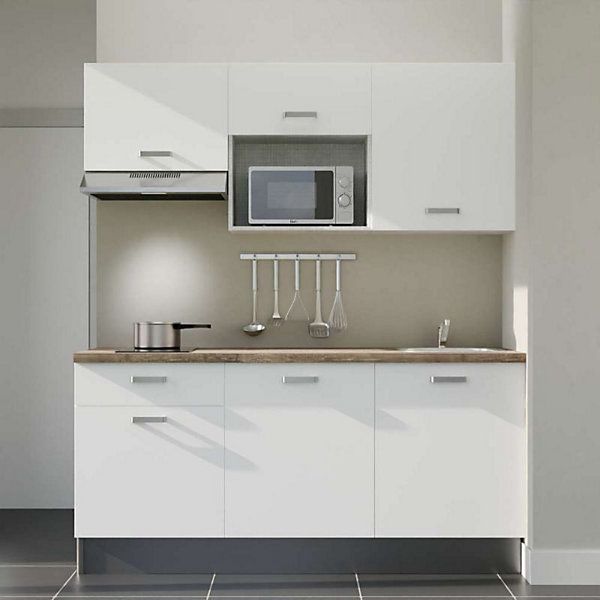 Kitchenette K30 façades Blanc - Plan de travail Bois - Crédences : Non - Evier inox - Electroménager Inox inclus