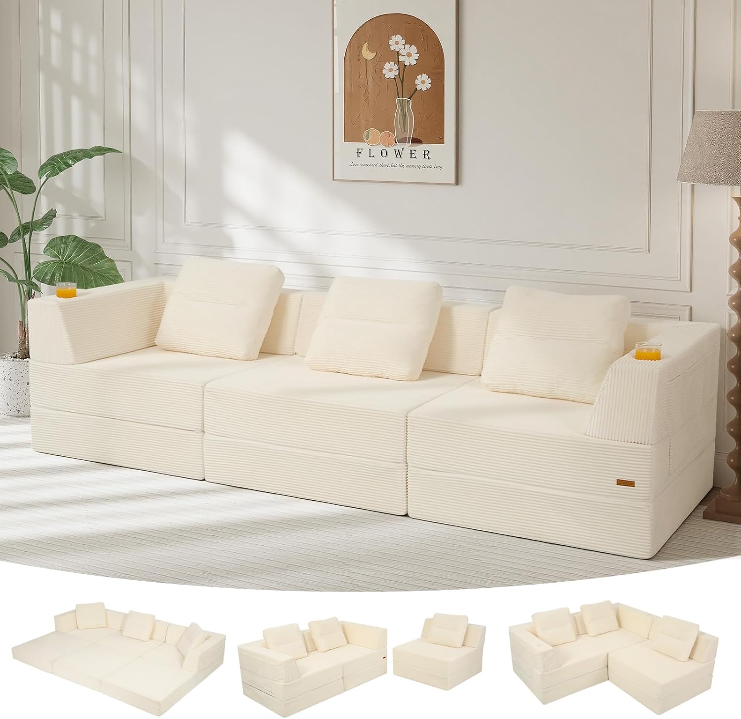 COMAX Futon Sofa Bed 3 Seater, 106 Convertible Sofa Bed Couches for Living Room, 4 in 1 Folding Boneless Sleeper Corduroy Couch Foam in a Box, Comfy Foldable Lounge Fold Out Floor Mattress, Beige