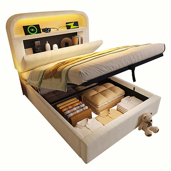 Lit simple 90x200 cm, tête réglable, LED/USB, hydraulique, velours - beige (avec matelas)