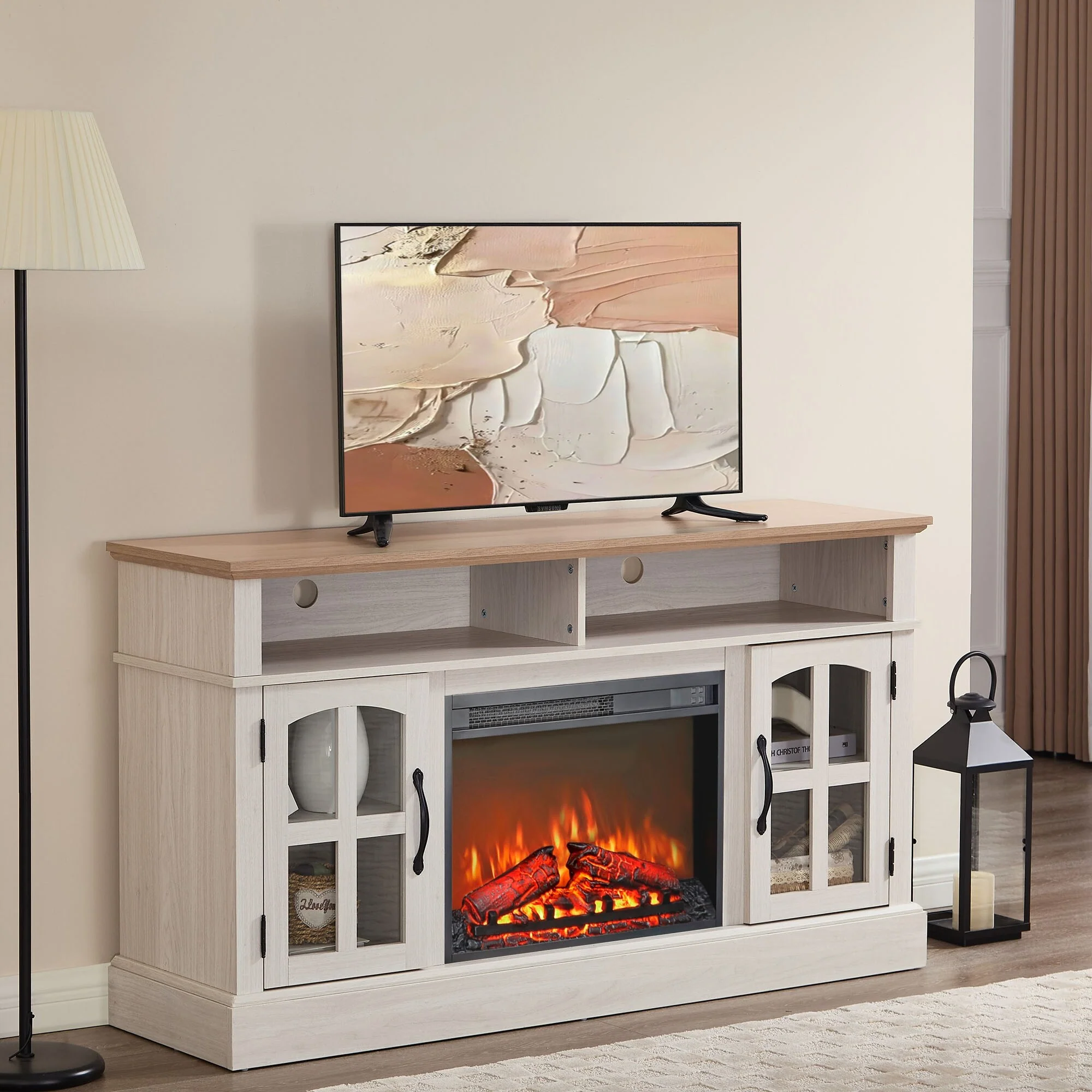 Modern Fireplace TV Stand with 23 Electric Fireplace and Storage
