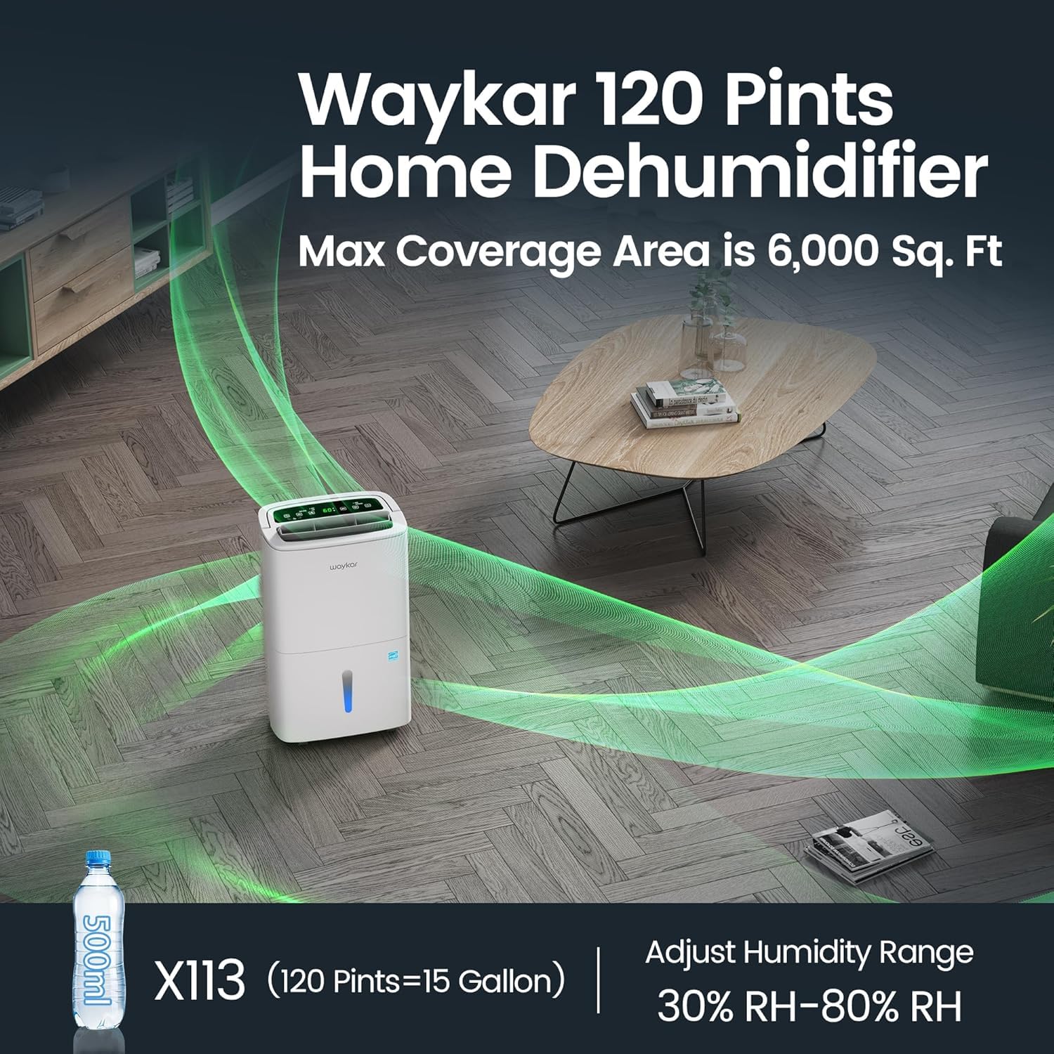 Waykar 120 Pints 2025 Energy Star Home Dehumidifier for Spaces up to 6,000 Sq. Ft, Ideal for Basement, Bathroom and Large Room with Drain Hose, Portable, Auto Defrost and Self-Drying