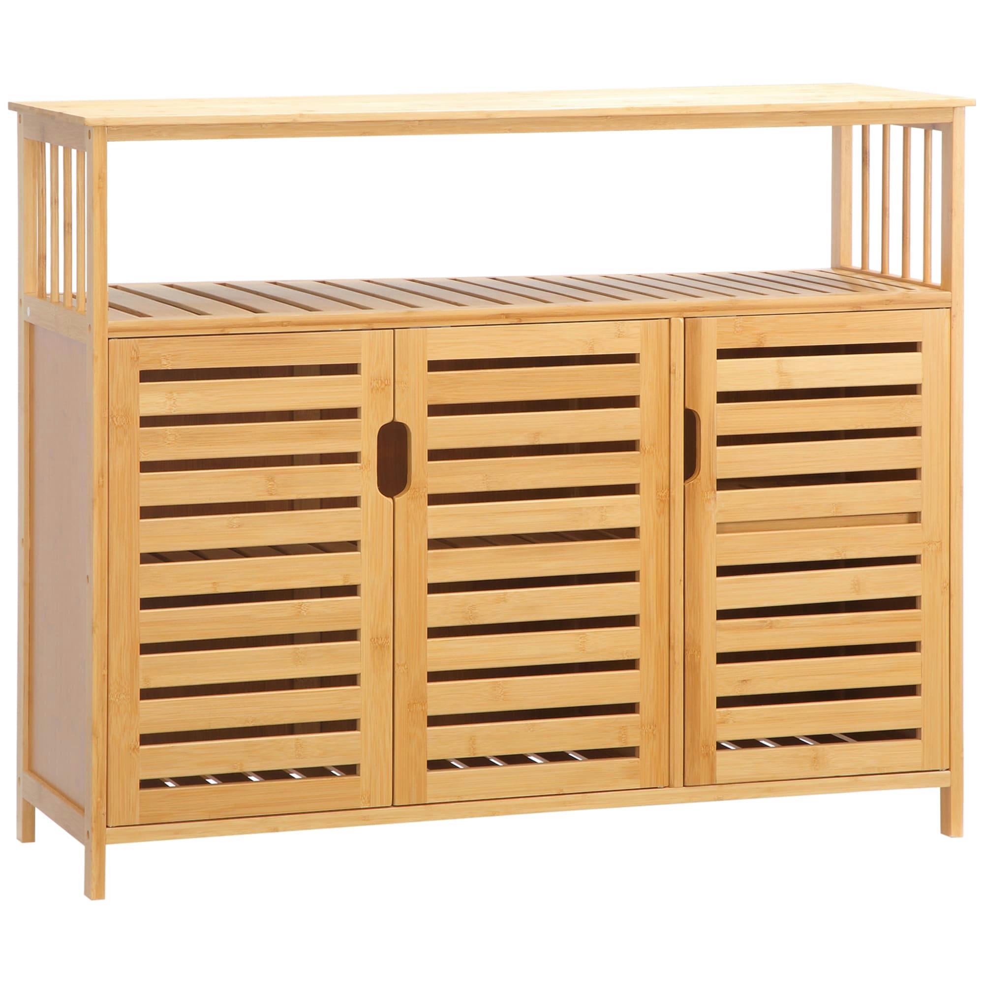 - Buffet rangement bois bambou lattes style naturel 3 portes 4 étagères