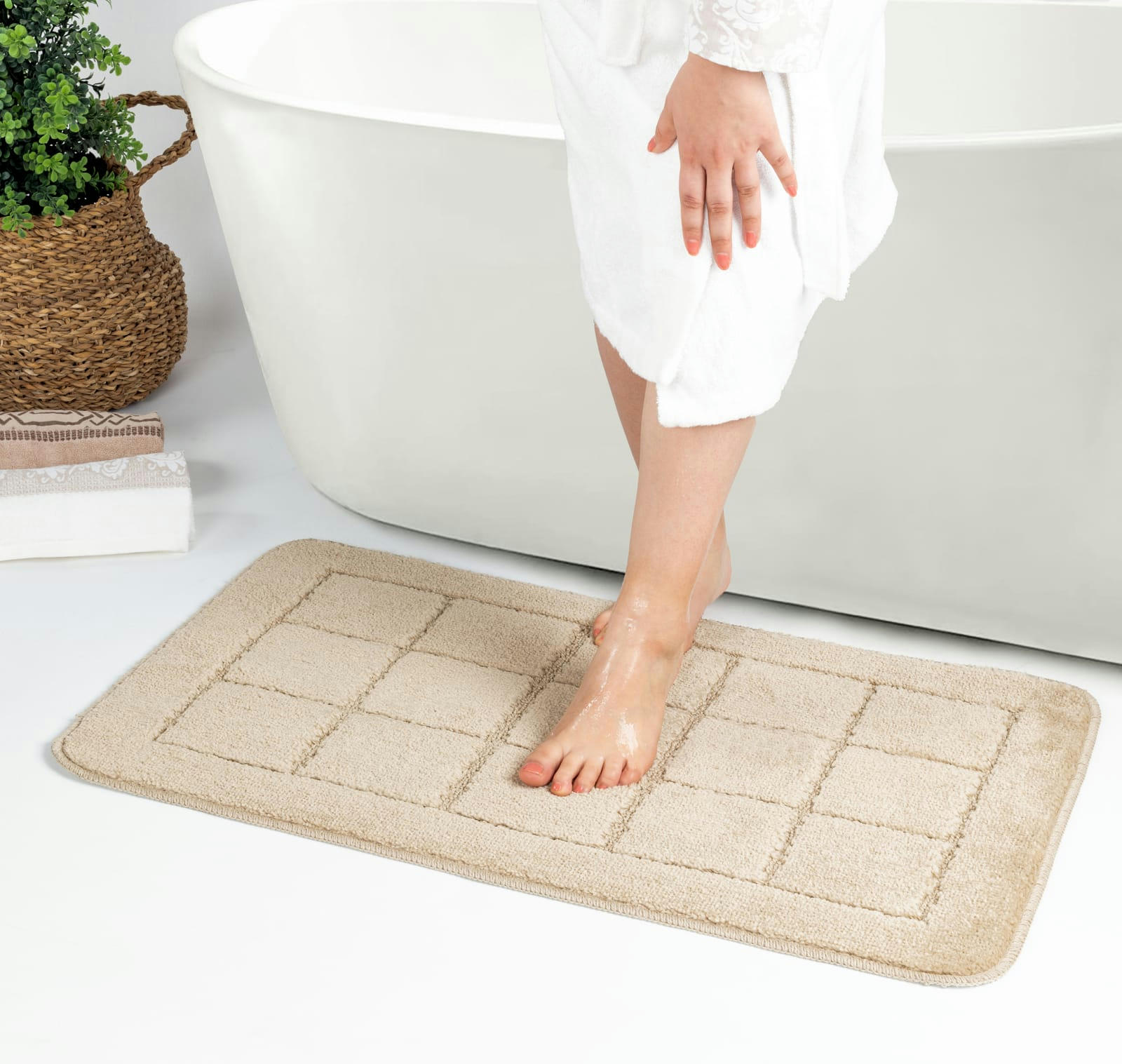 NOELLE - Set de 2 Tapis de Salle de Bain Uni Chic Beige 80x50/40x40