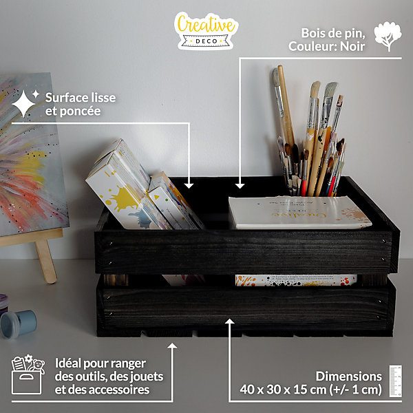 Creative Deco Caisse en Bois Noir 40 x 30 x 15 cm - Caisse Rangement Bois Vintage - Cagette Bois Deco - Boite Decoration