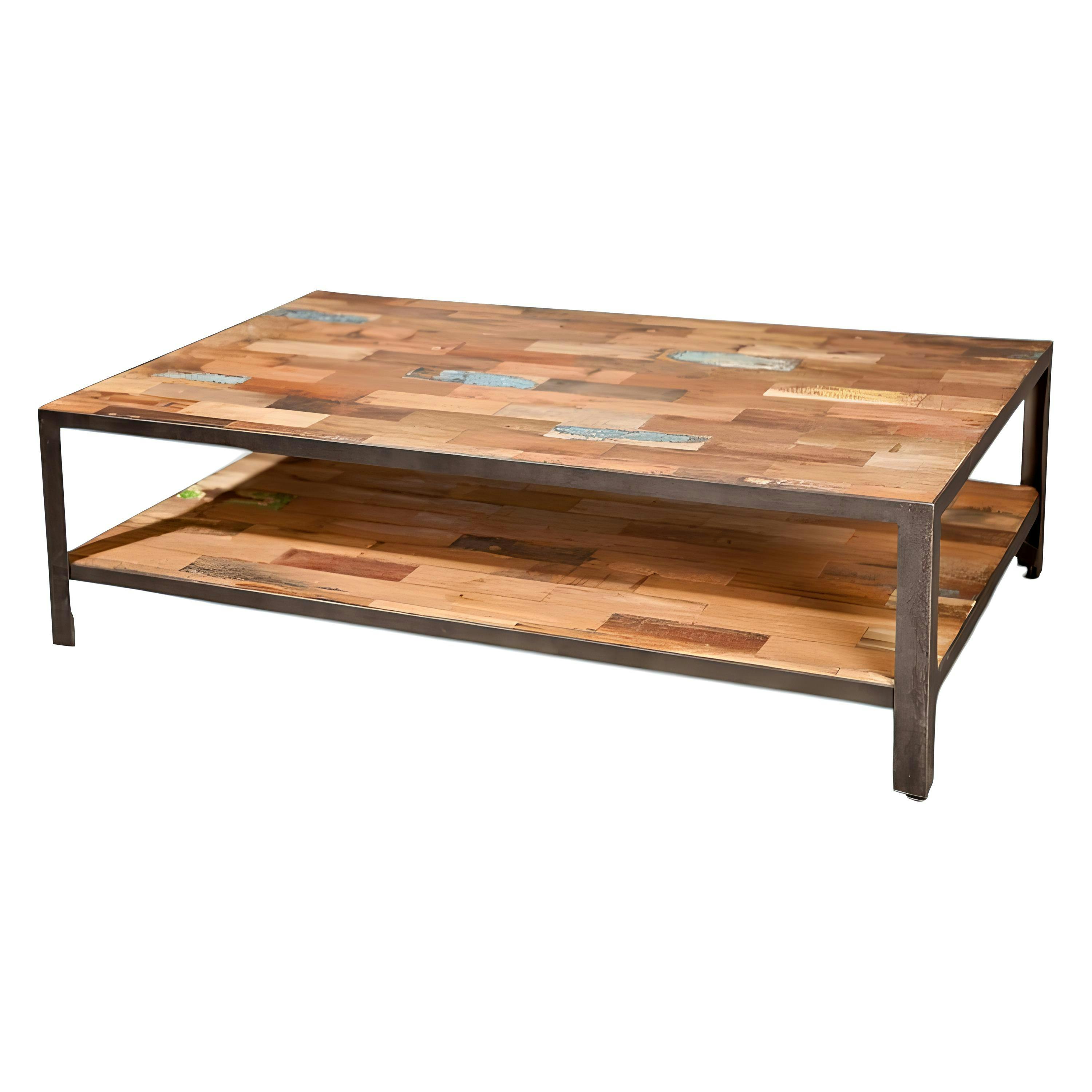 Table basse rectangulaire double plateaux bois recyclée 120x70x35cm CARAVELLE