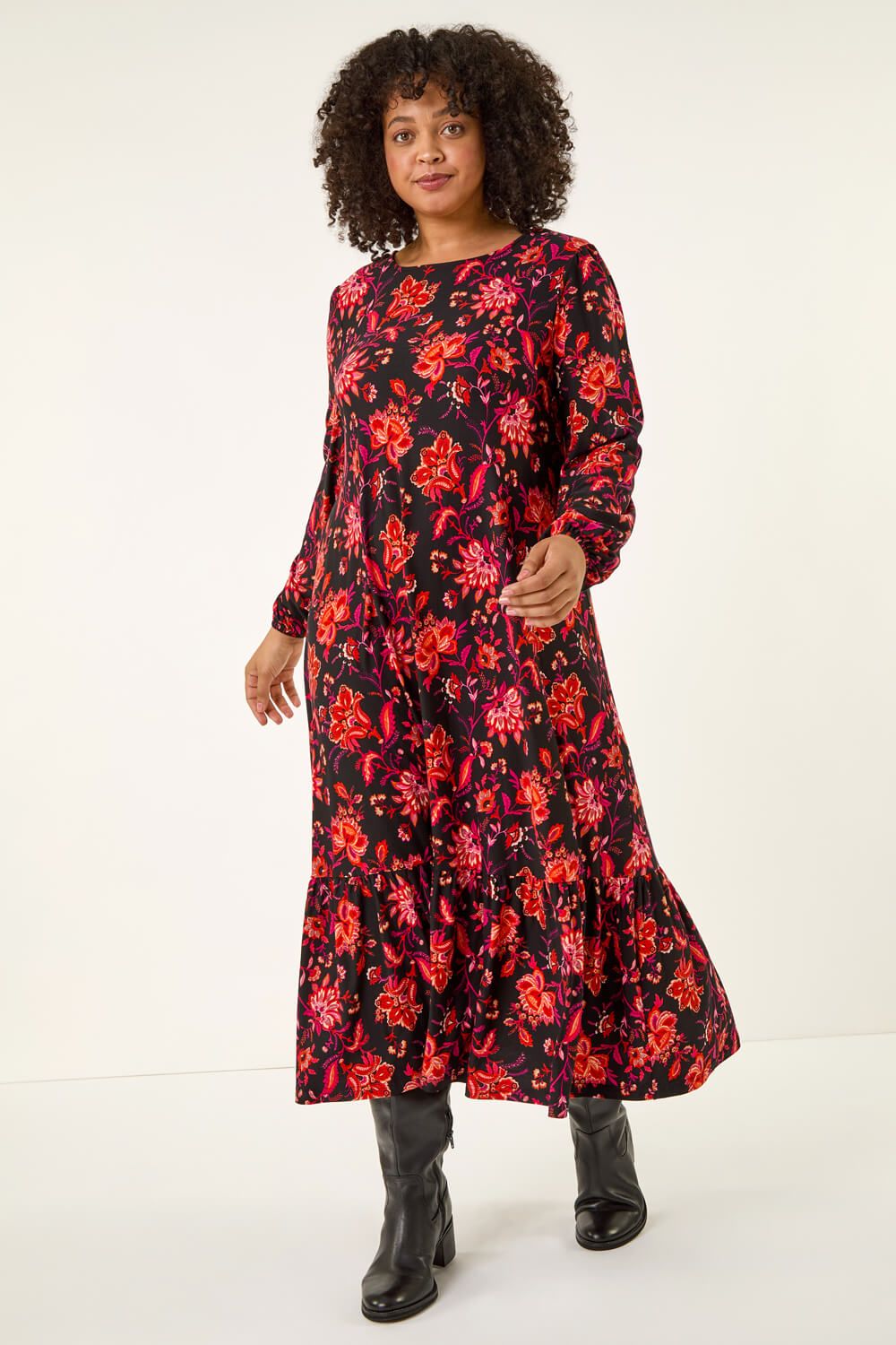 Roman Curve Floral Print Stretch Dress