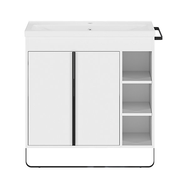 Meuble vasque faible profondeur blanc avec porte-serviettes l.85 x H.82 x P.36 cm Maza   plan vasque céramique blanc Nira, GoodHome