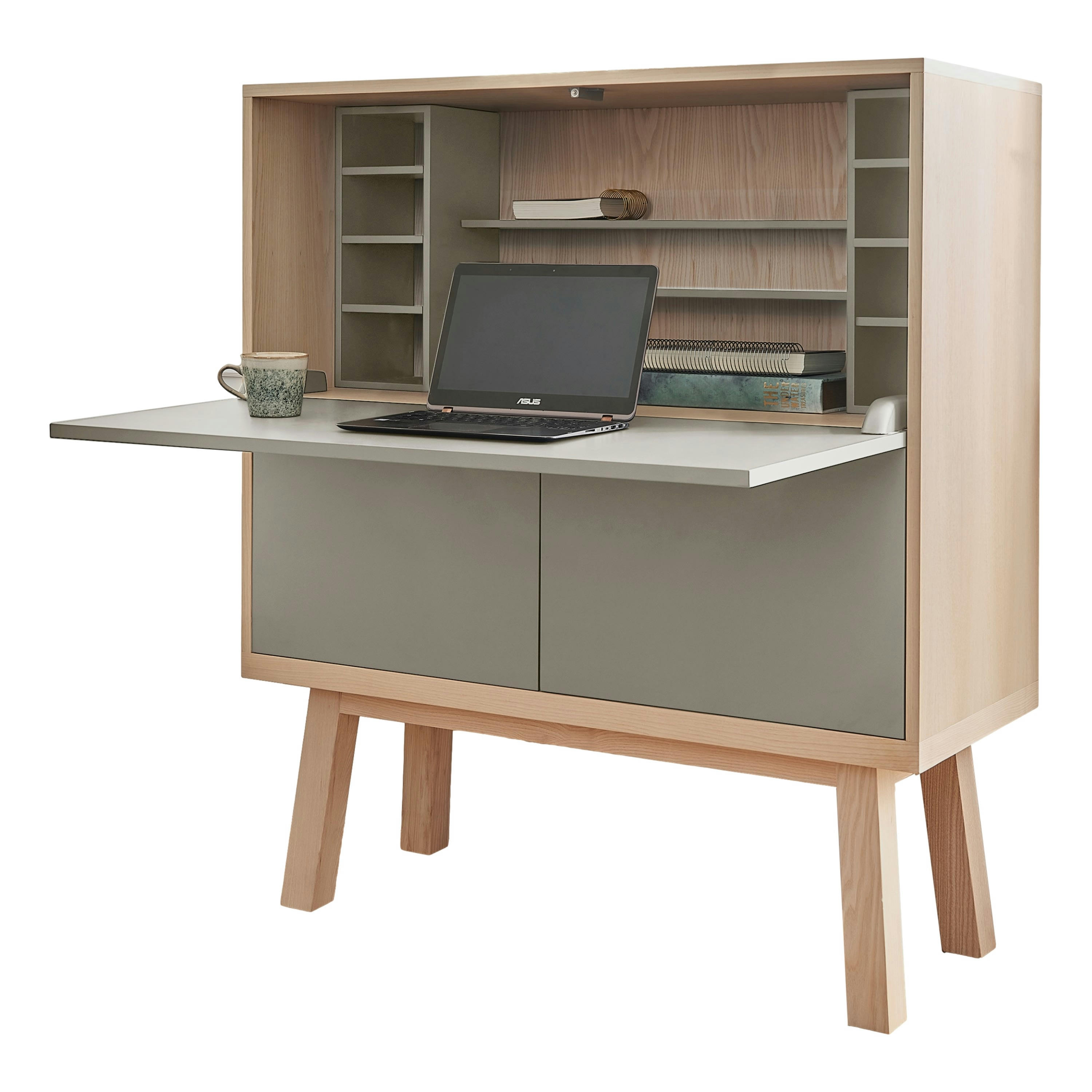 KUBE - Bureau secrétaire avec rangement, 120 cm de large, en frêne