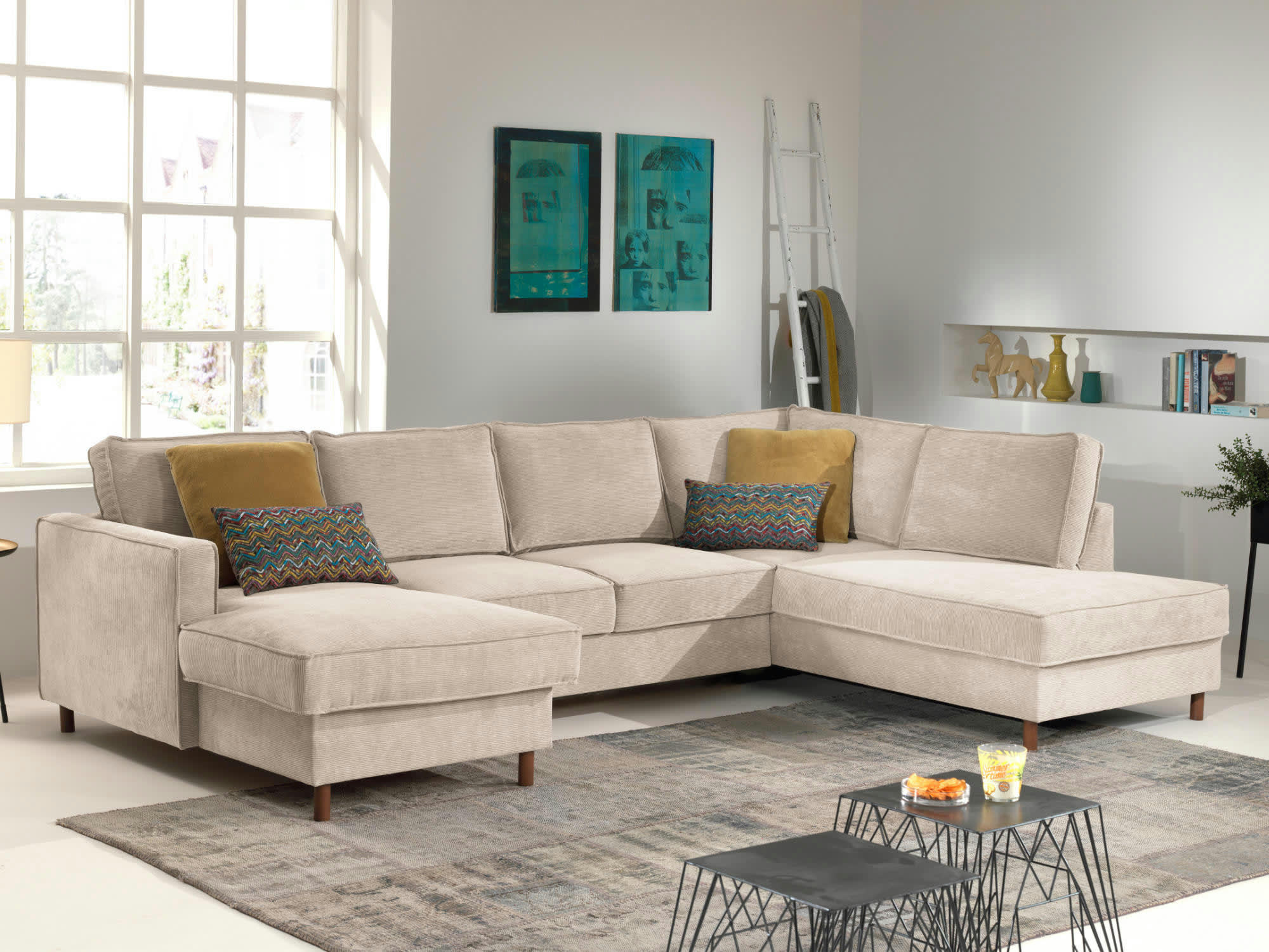 JAKE - Canapé panoramique 7 places angle droit en velours côtelé beige