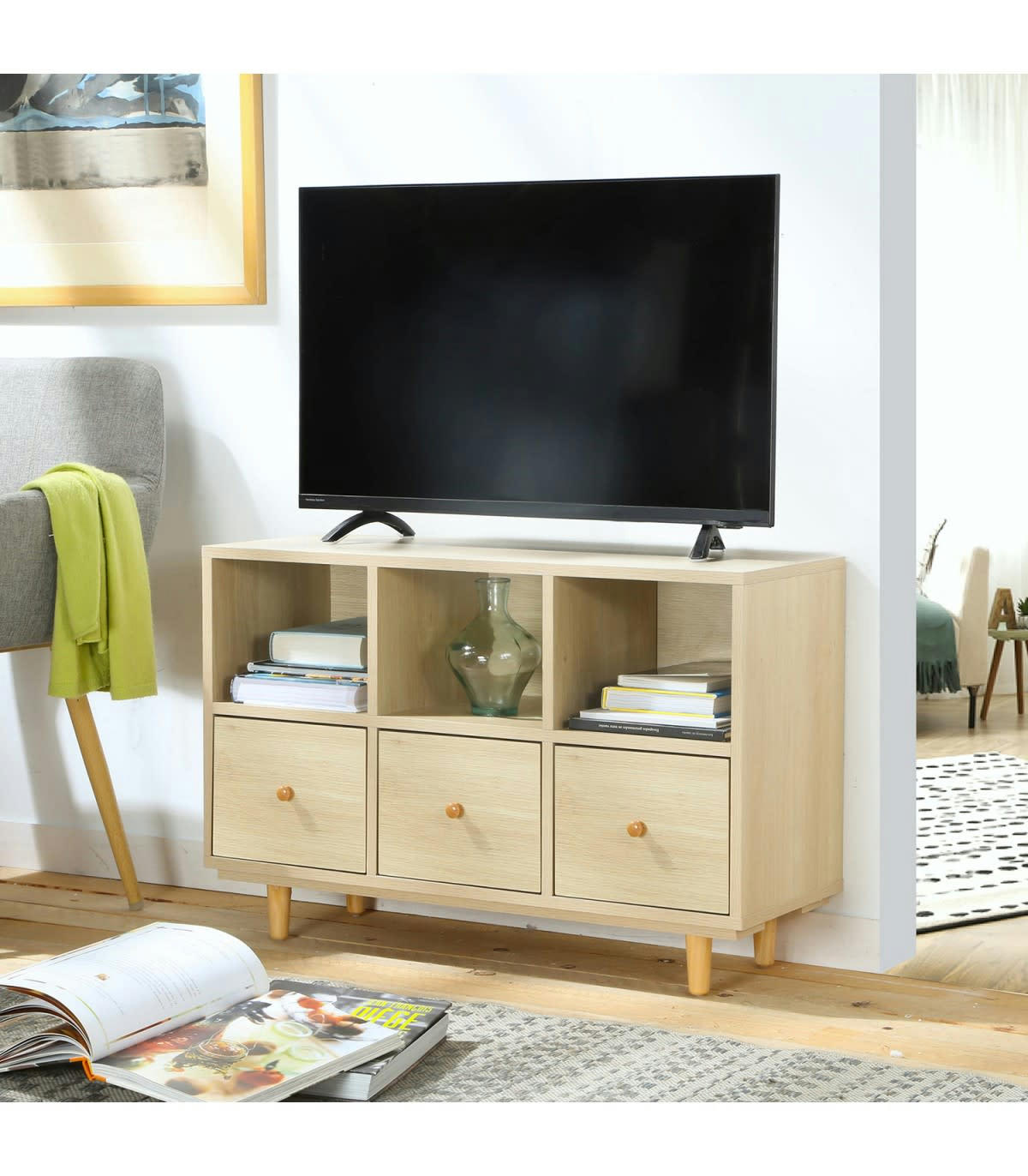 - Meuble TV petit espace 3 tiroirs - L80cmx H53cm - Marron