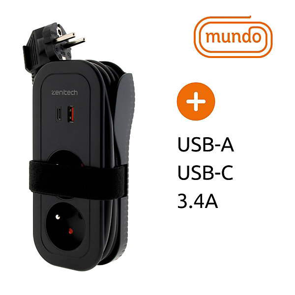 Bloc nomade 4 prises Mundo - 2 ports USB - noir - Zenitech