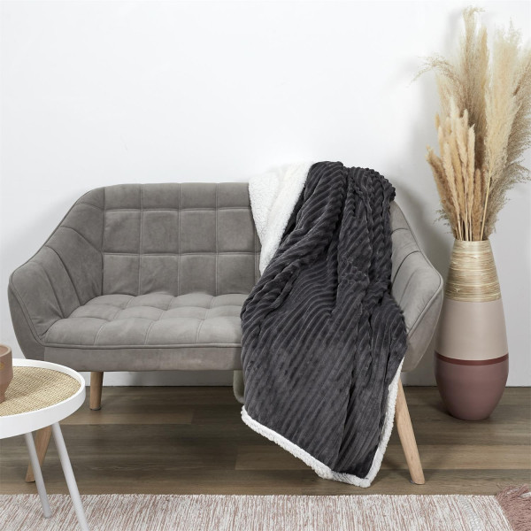 KOC Sherpa szary 180x220cm PRĄŻKOWANY gruby Z PLUSZEM