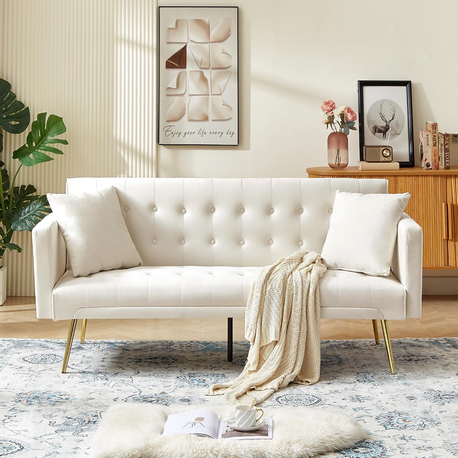 72Modern Velvet Sofa Bed Futon,Convertible Folding Sleeper Bed Couches with 3 Adjustable Backrests,Tufted Recliner Loveseat with Golden Chrome Legs for Small Living Room Office (Beige+buttons tufted)
