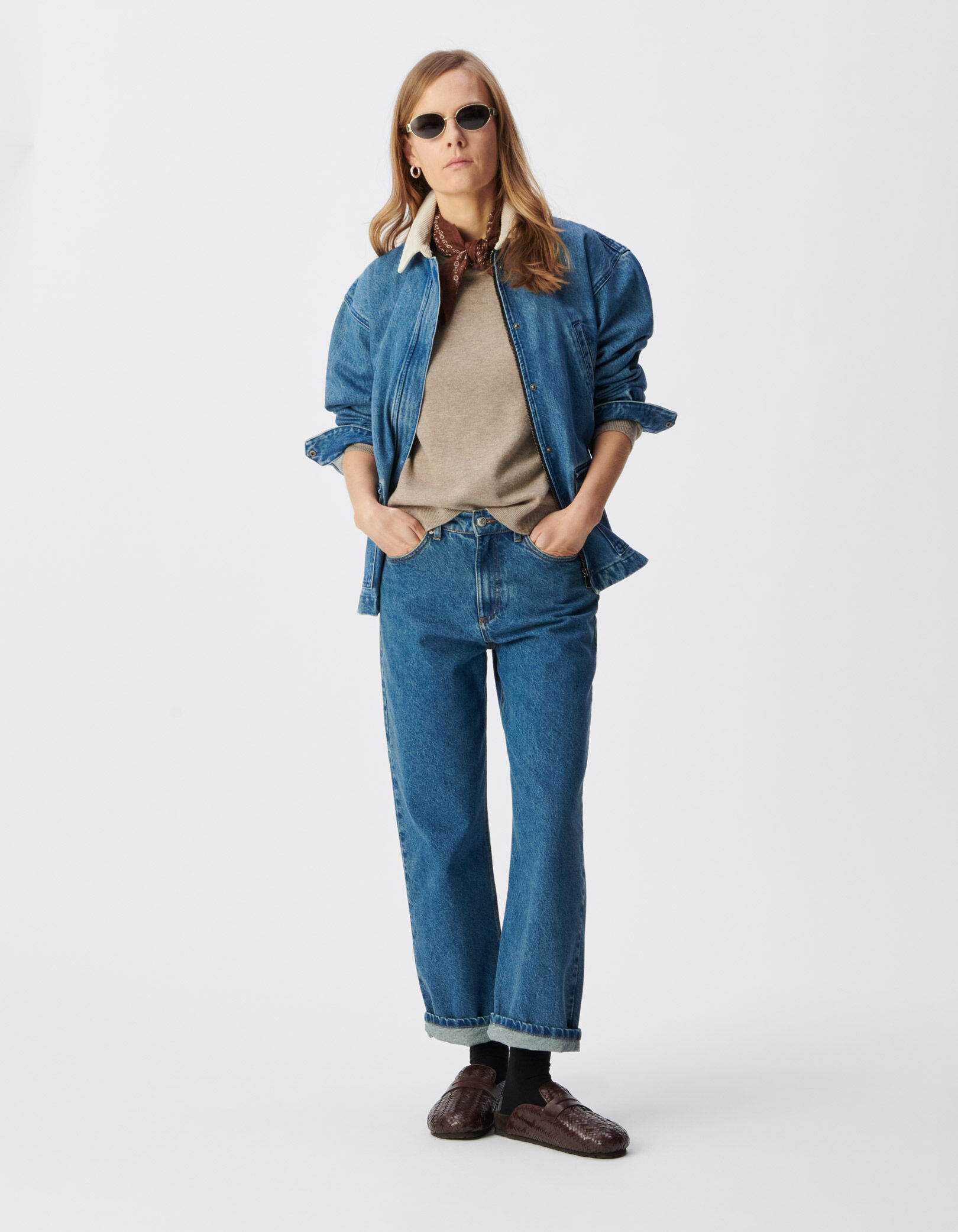 Veste en jean bleu col velours écru Femme