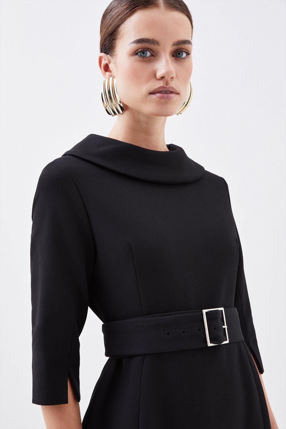 KarenMillen Petite Structured Crepe Roll Neck Belted Tailored Midi Dress