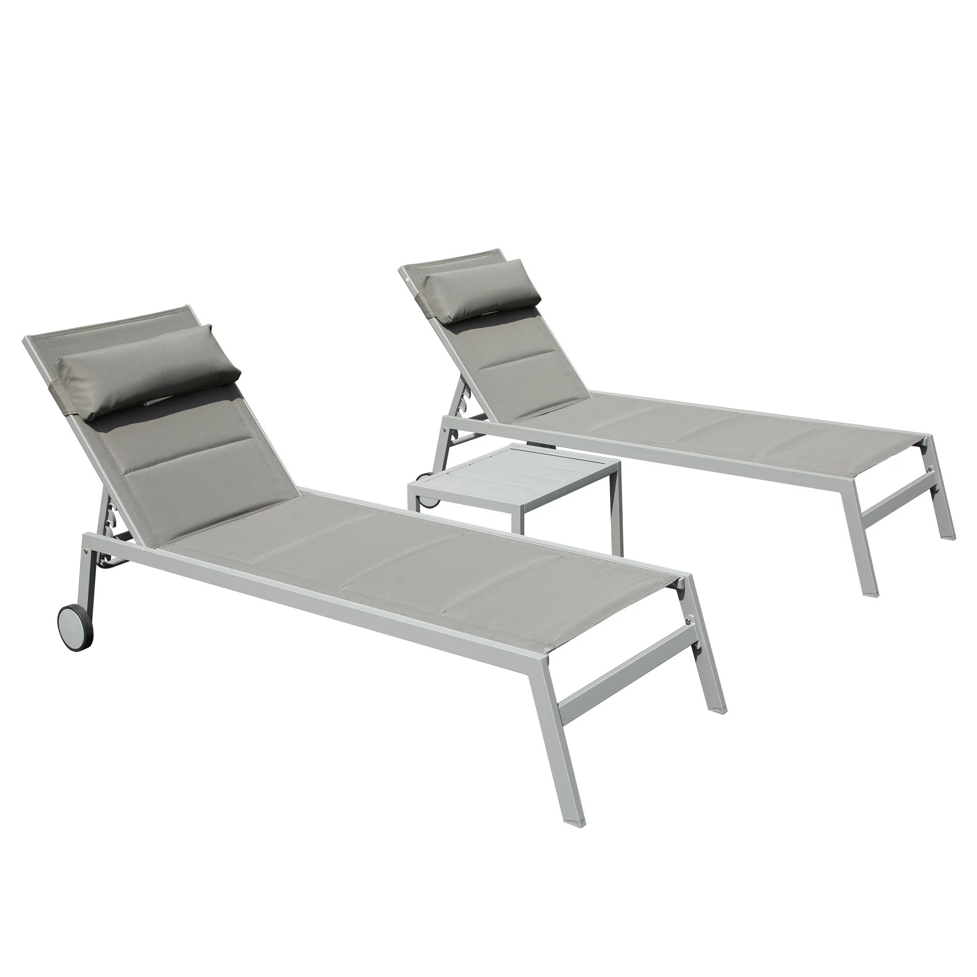 Modern 3-Piece Outdoor Chaise Lounge Set with Wheels, Adjustable Headrests and Side Table for Poolside Beach Yard