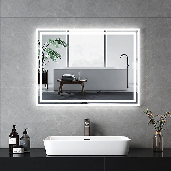 EMKE Miroir lumineux salle de bain 80x60cm,Miroir LED avec Interrupteur à bouton,Anti-buée,éclairage lumière Blanche Froide/Chaude