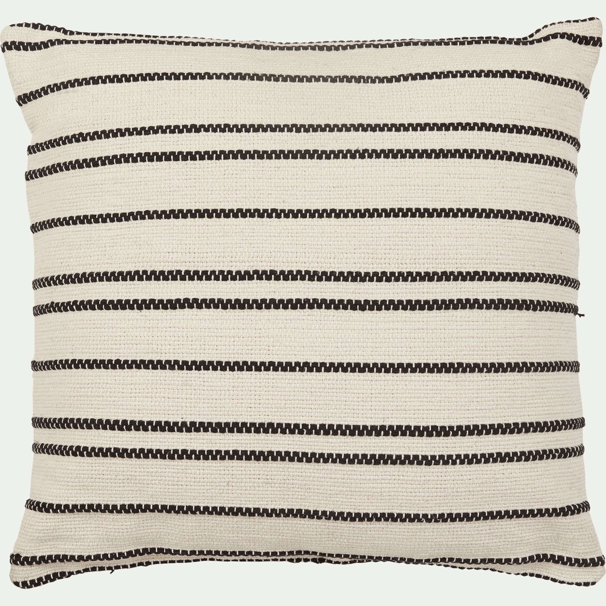 BADIANE - Coussin à rayures brodées en coton 45x45cm - noir et écru