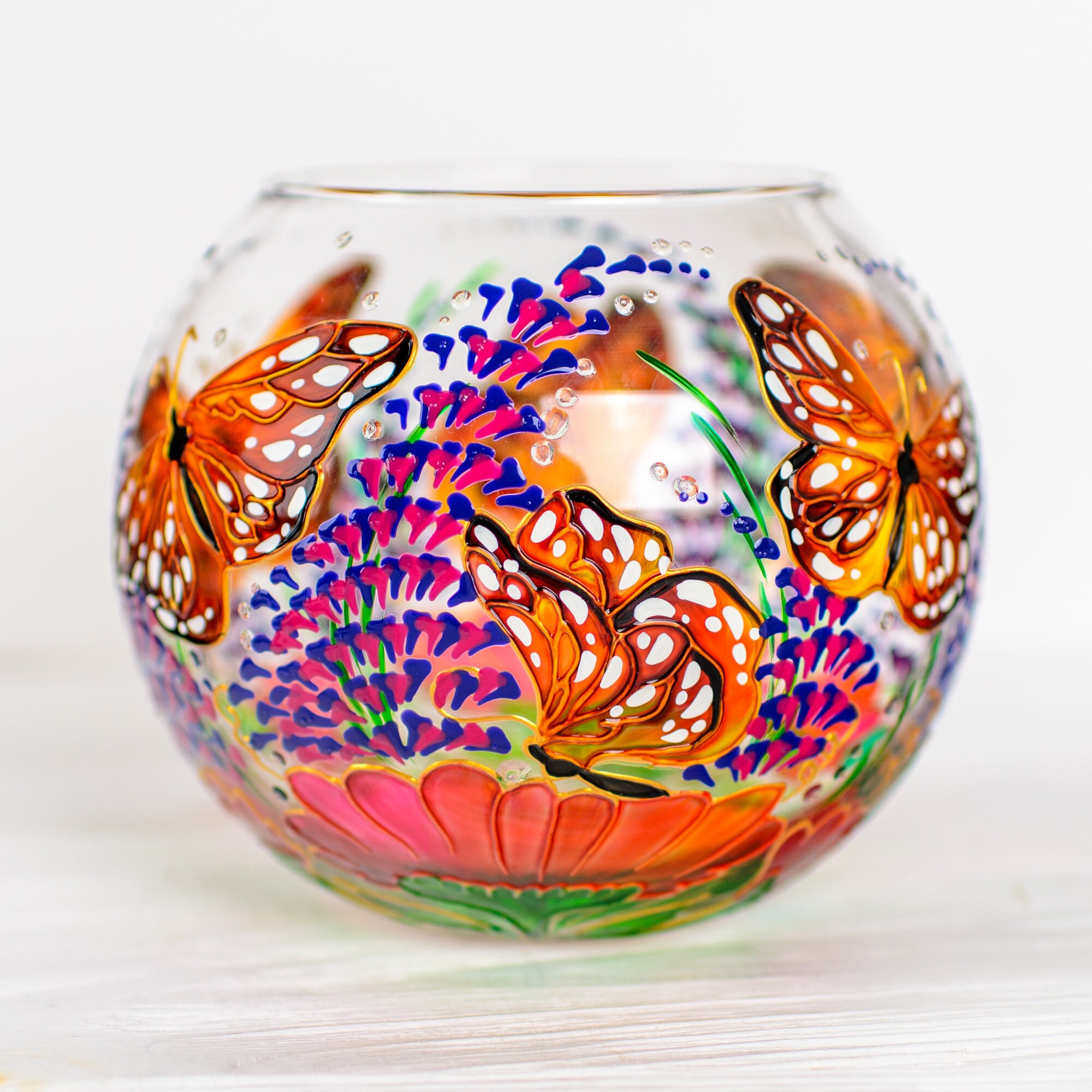 Hand Painted Butterfly Glass Tealight Holder: Monarch Butterfly Home Decor