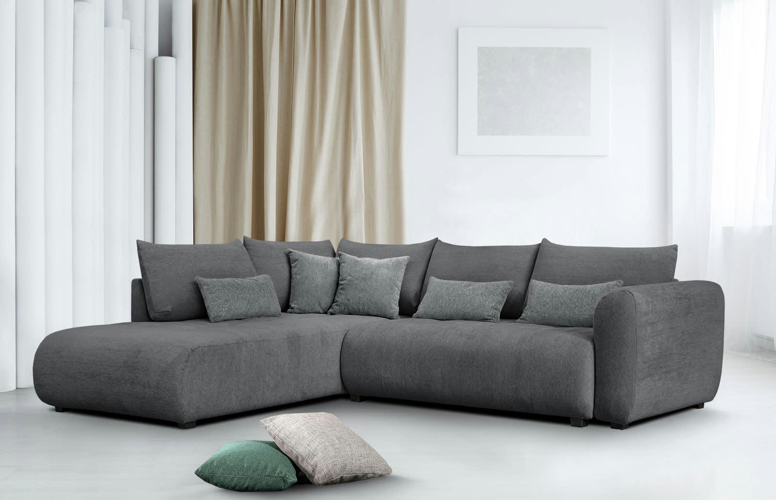 SORENO - Canapé d'angle gauche 5 places noir avec le couchage